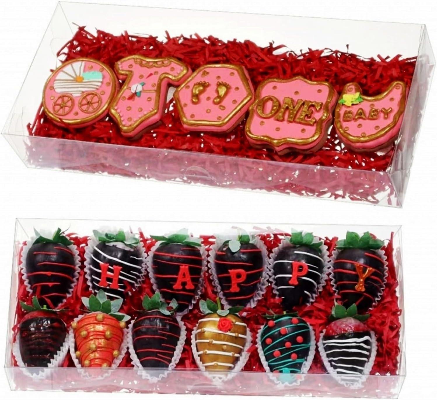 12PCS 12x5x2 Inches Clear Valentines Strawberry Boxes Cookie & Gift Boxes for Party Favors