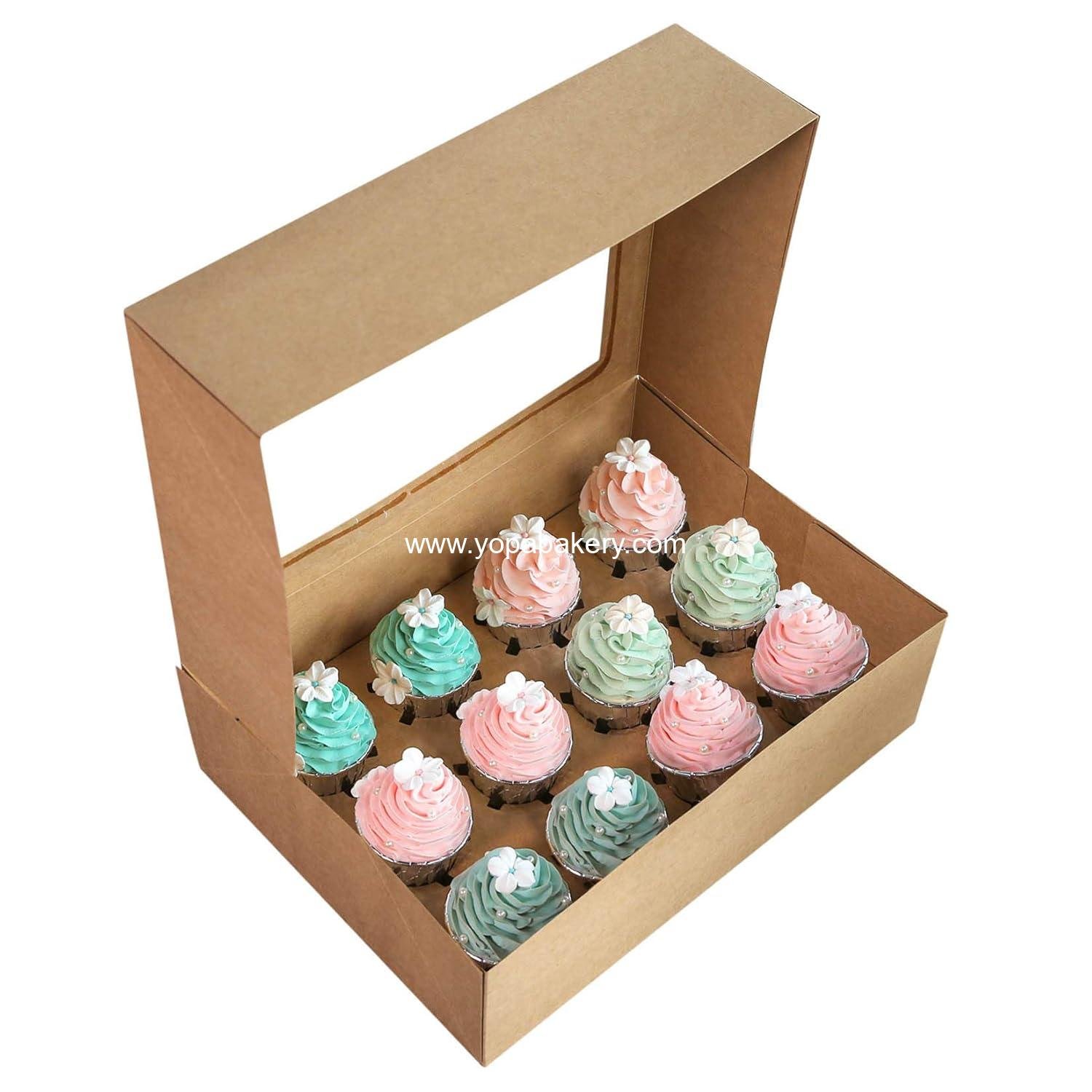 Wholesale 15-Pack Brown Cupcake Boxes with 12 Holders, Food-Grade Kraft Pop-up Bakery Boxes 13.8 x 9.5 x 4 inches, Includes Inserts and PVC Windows, Fits 12 Cavity Cupcake, Pack of 15, Factory