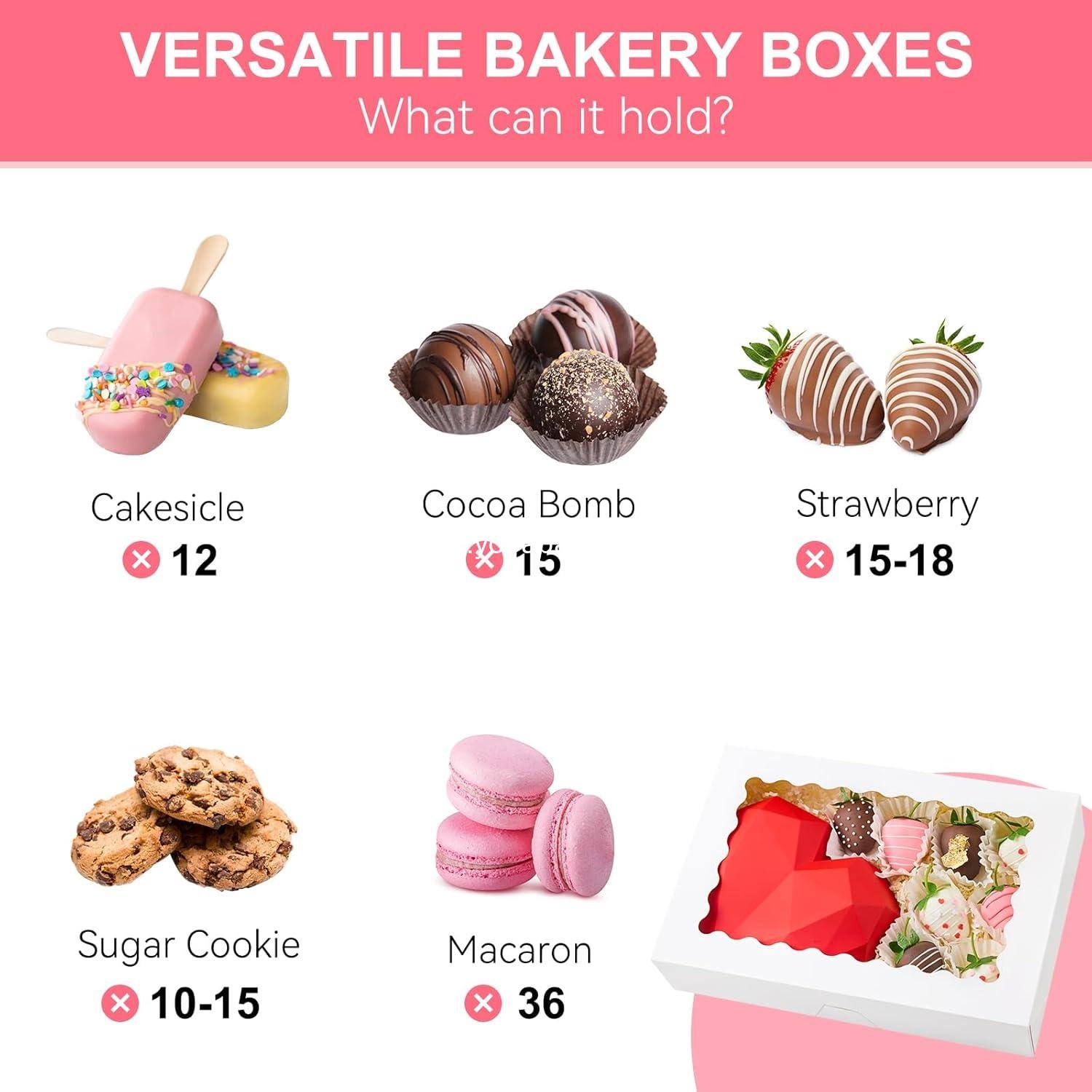 Wholesale 20 PCS Bakery Boxes with Window - 12 x 8 x 2.5 Inches Auto-Popup Treat Boxes for Chocolate Covered Strawberries, Cookies, Muffins, Donuts, Breakable Hearts - Factory Wholesale 20 PCS Bakery Boxes with Window - 12 x 8 x 2.5 Inches Auto-Popup Treat Boxes for Chocolate Covered Strawberries, Cookies, Muffins, Donuts, Breakable Hearts - Factory