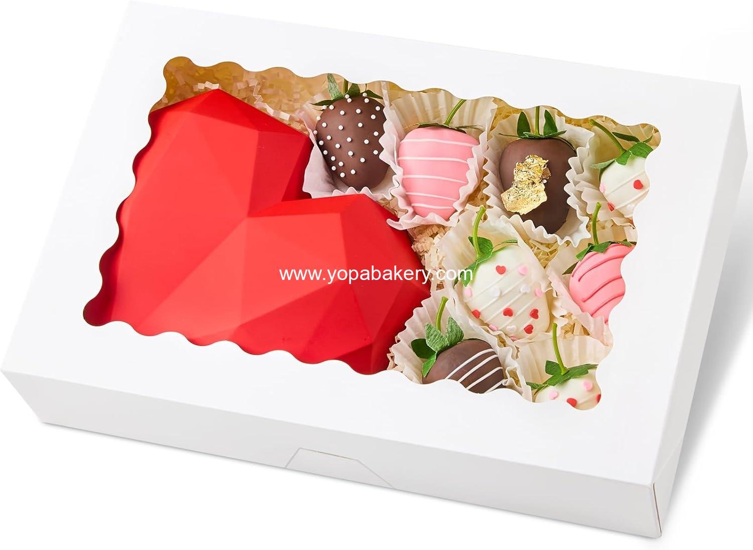 Kucoele 20 PCS Bakery Boxes with Window, 12 x 8 x 2.5 Inches Pastry Boxes Auto-Popup Treat Boxes for Chocolate Covered Strawberries, Cookies, Muffins, Donuts, Breakable Hearts