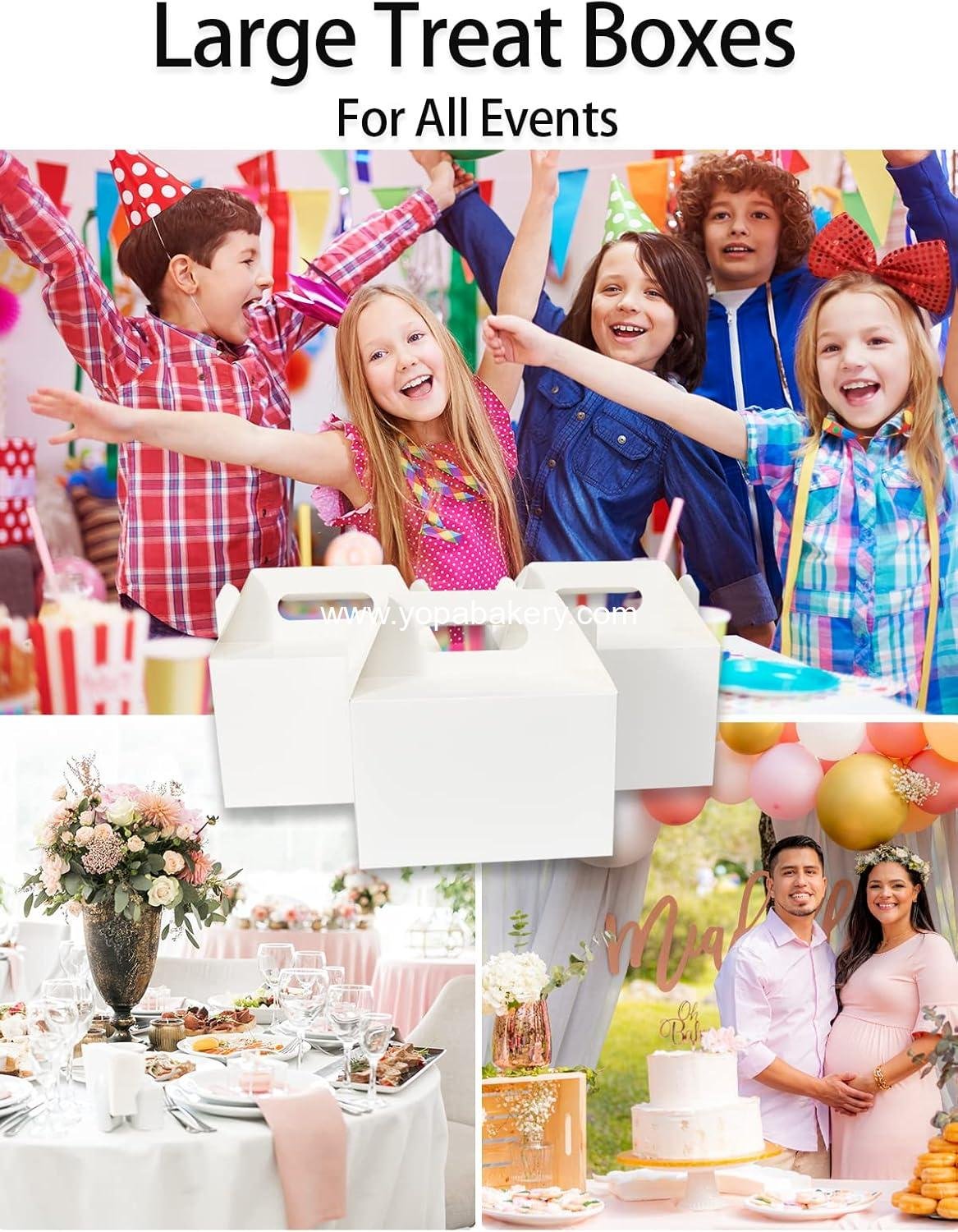 Wholesale Large 30 CT Welcome Gable Gift Boxes with Handles, 9x6x6 White Cardboard Party Favor Packaging for Food, Lunch, Cookies, Donuts, Baby Shower, Bridal Shower, Wedding Factory.