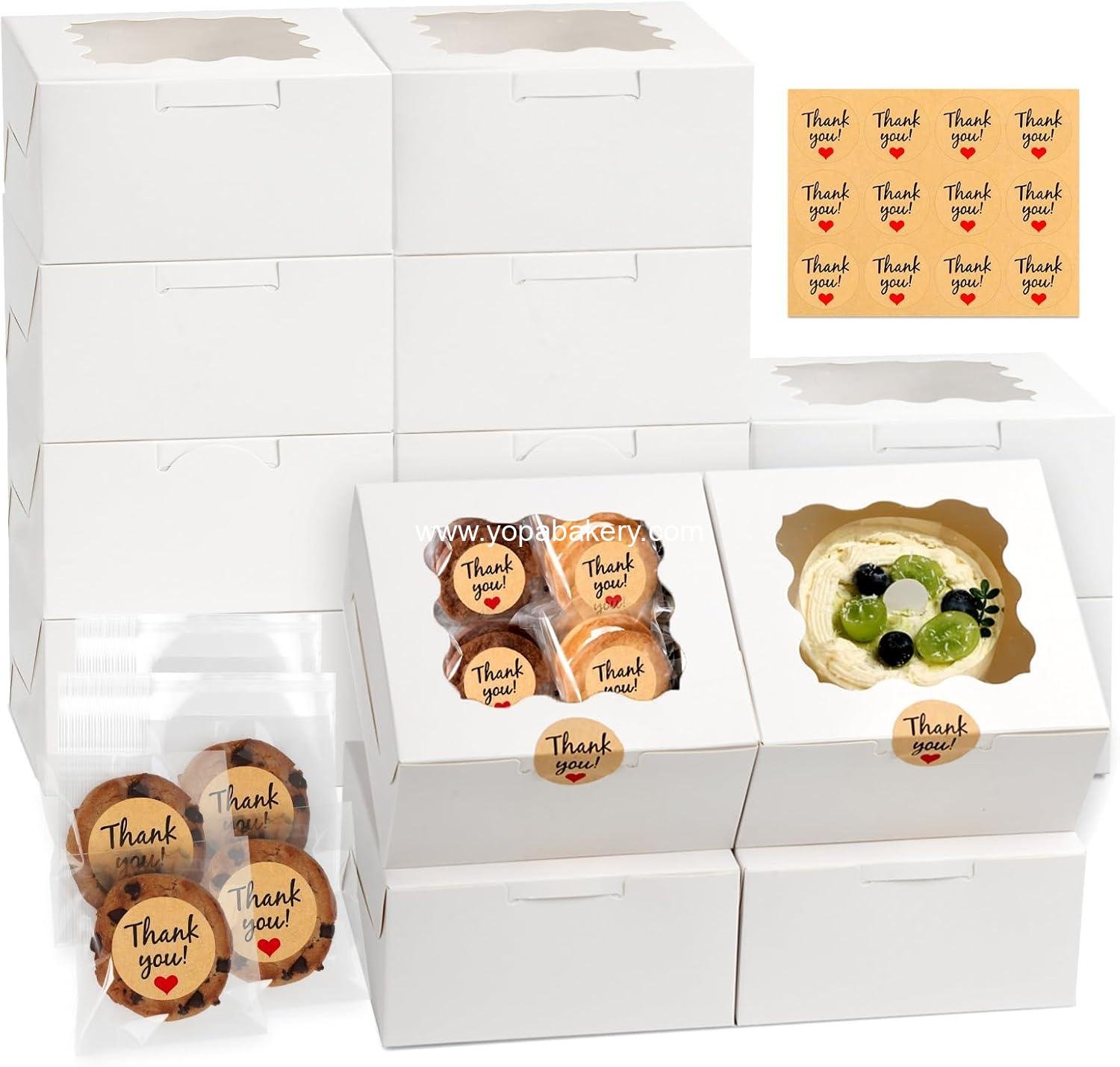 OEM 12 Pcs Cookie Boxes with Window, 6x6x3 Inches White Bakery Boxes, Treat Boxes with 50 Pcs Cookie Bags and 12 Pcs Stickers for Dessert Pastries, Chocolates, Strawberries, Macarons, Donuts, Cupcakes Factory