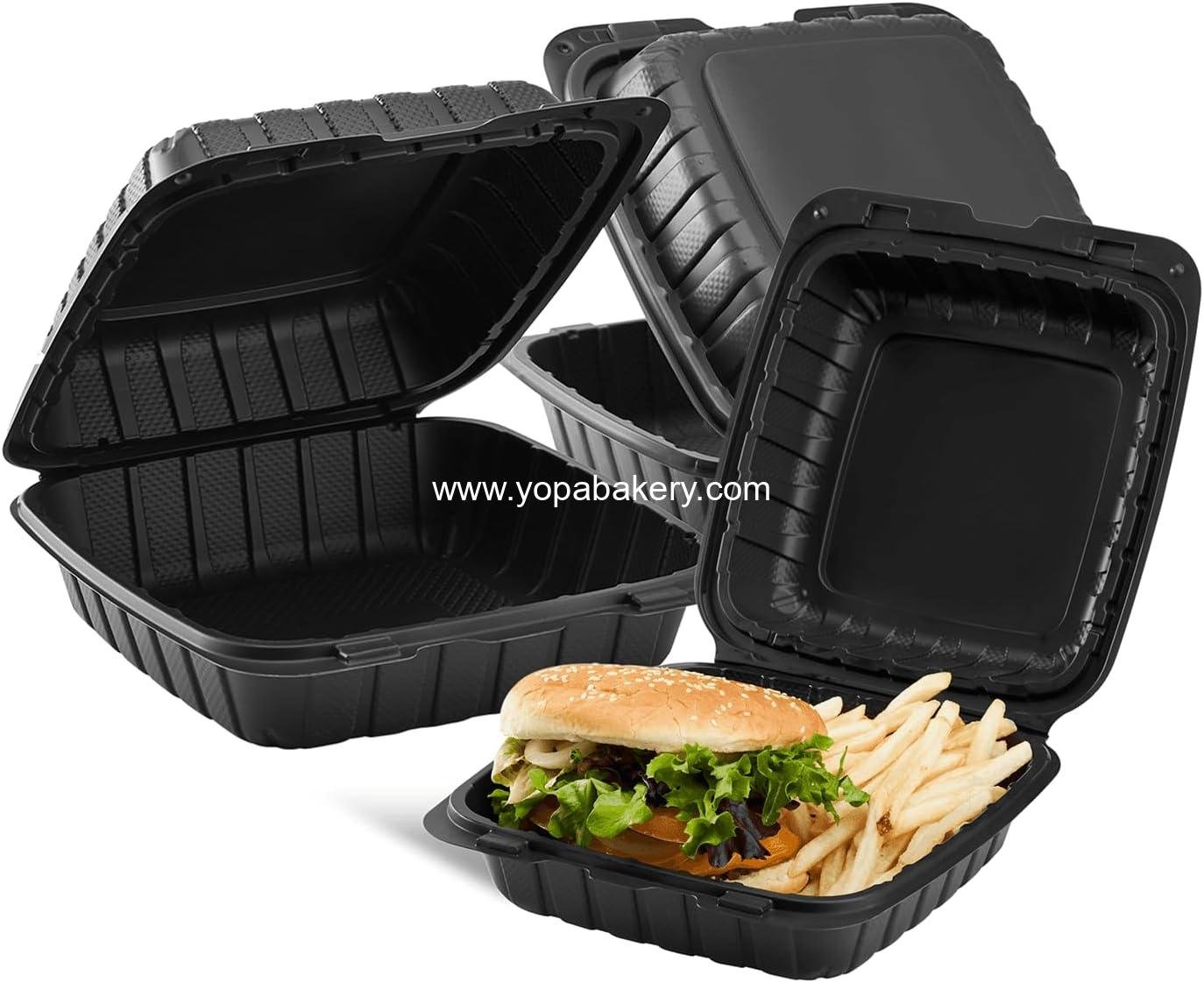 KARAT EARTH Clamshell Take Out Food Containers [8"x8" - 200 ct] To Go Containers | Microwavable, Freezer Safe, Soak-Resistant, Durable, Stackable | Vented for Hot/Cold Foods, Black