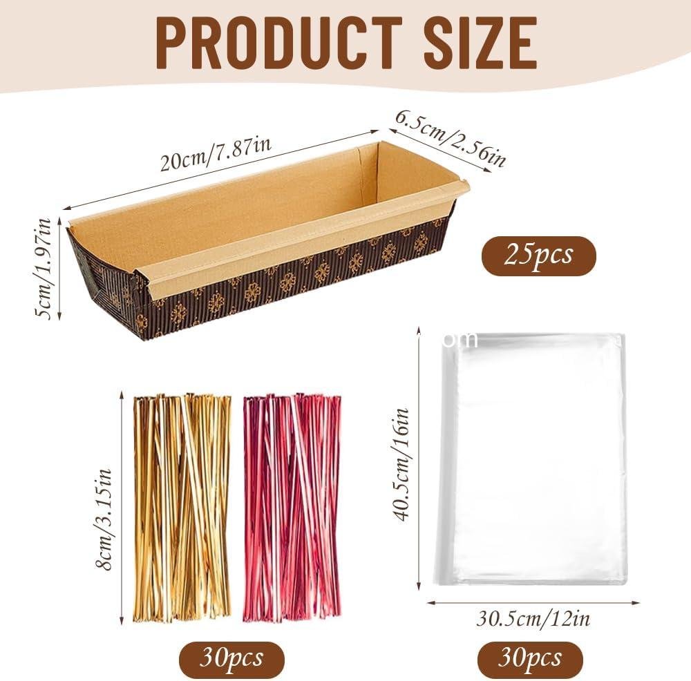 Wholesale 25 PCS 8 x 2.5 x 2 Inch Disposable Paper Loaf Pans for Baking, 1lb Rectangle Bread and Cake Pans with Clear Plastic Packaging Bags and Ties, Factory