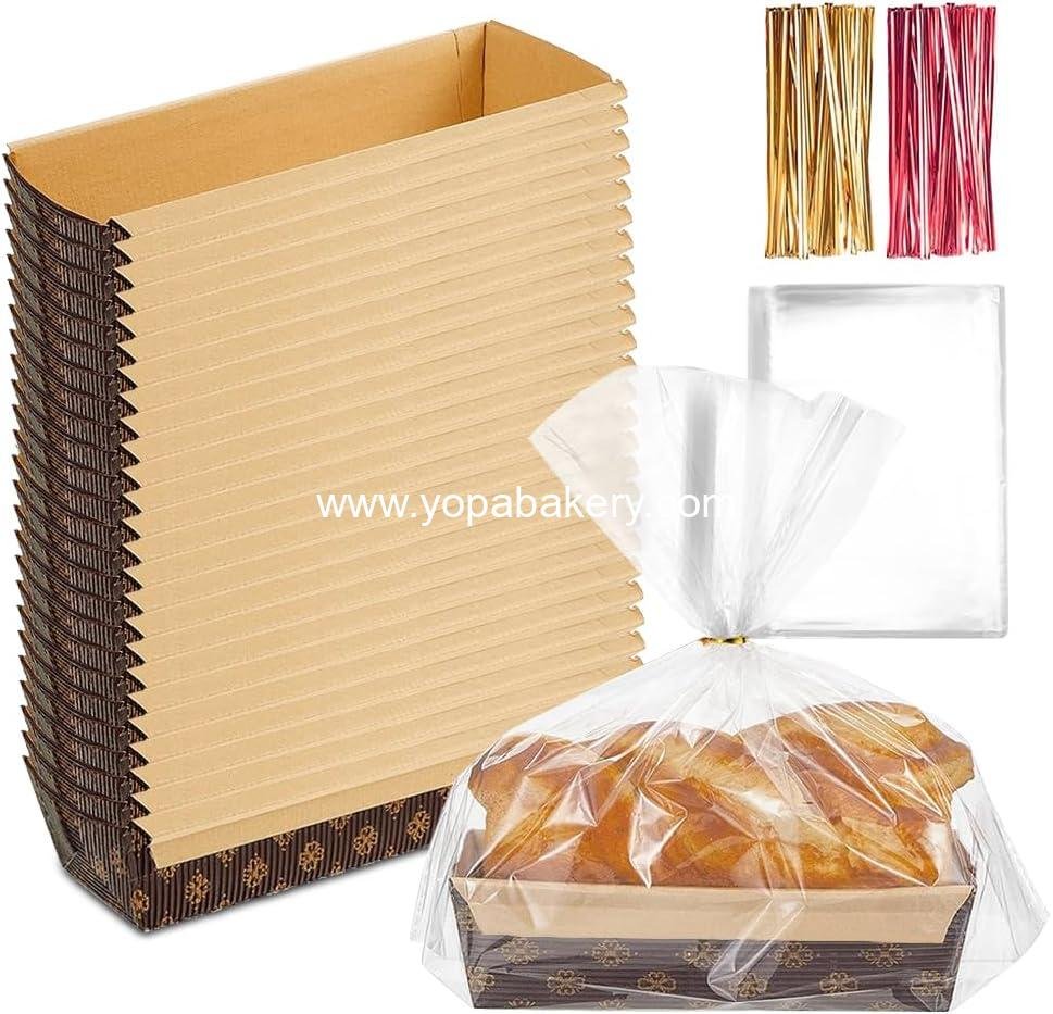 Wholesale 25 PCS 8 x 2.5 x 2 Inch Disposable Paper Loaf Pans for Baking, 1lb Rectangle Bread and Cake Pans with Clear Plastic Packaging Bags and Ties, Factory