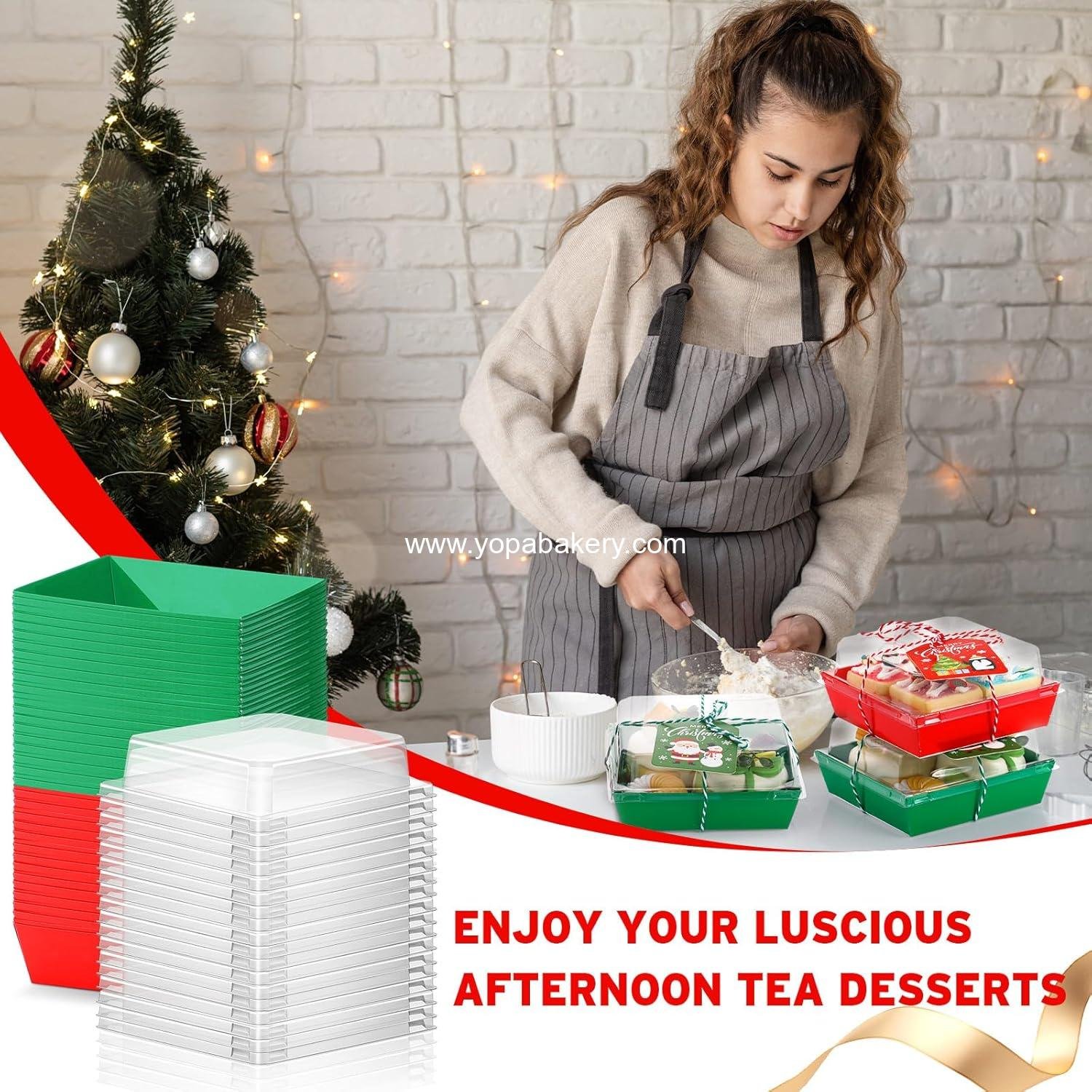 OEM 100 Pcs Christmas Charcuterie Boxes with Ropes and Cards, Clear Lid Disposable Paper Dessert Containers for Xmas Party Favors, Cookies, Cakes, and Sandwiches (Classic) - Factory