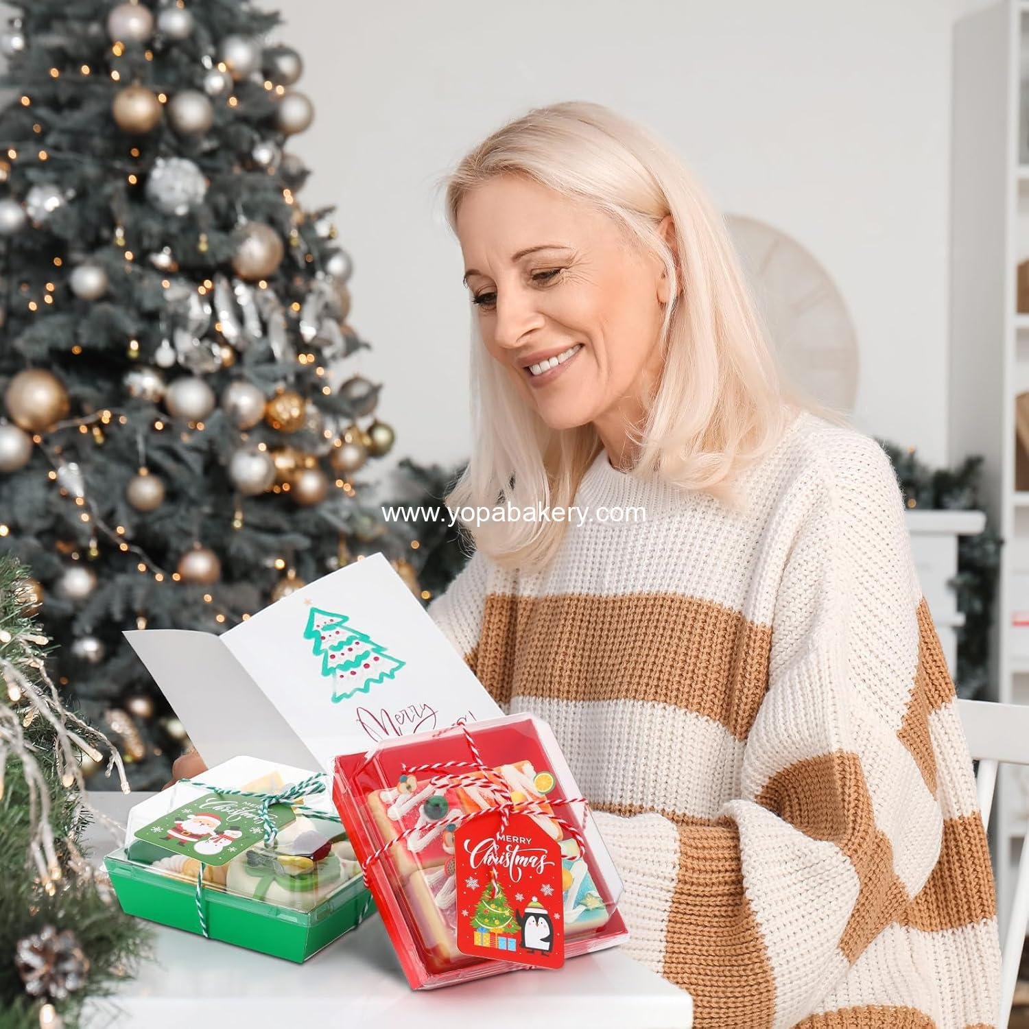 OEM 100 Pcs Christmas Charcuterie Boxes with Ropes and Cards, Clear Lid Disposable Paper Dessert Containers for Xmas Party Favors, Cookies, Cakes, and Sandwiches (Classic) - Factory