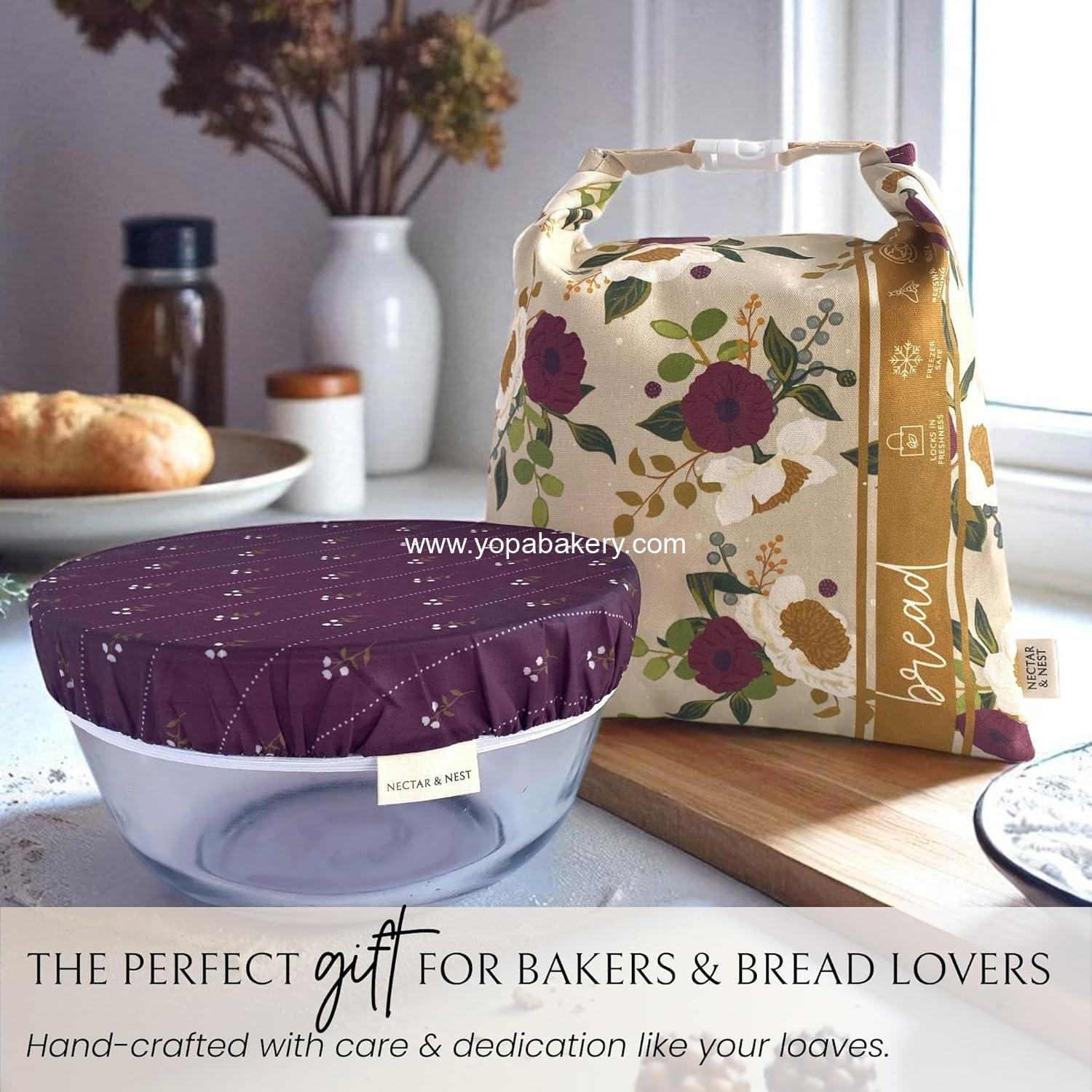 OEM Reusable Beeswax Bread Baker Set, Organic Cotton Sourdough Bag and Bowl Cover, Limited-Edition December Blooms Art by Mackenzie Nelson, Wholesale Factory