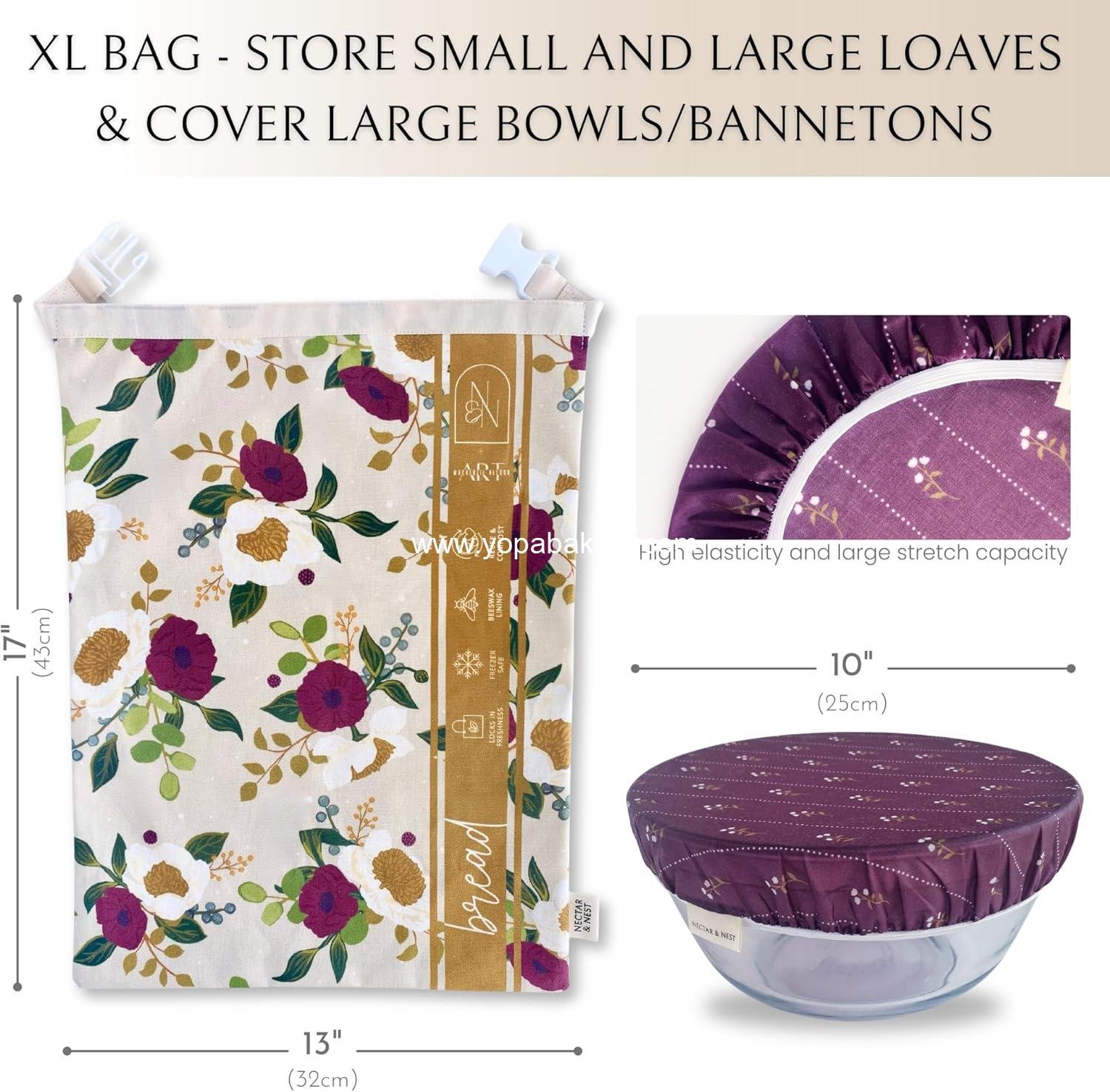 OEM Reusable Beeswax Bread Baker Set, Organic Cotton Sourdough Bag and Bowl Cover, Limited-Edition December Blooms Art by Mackenzie Nelson, Wholesale Factory