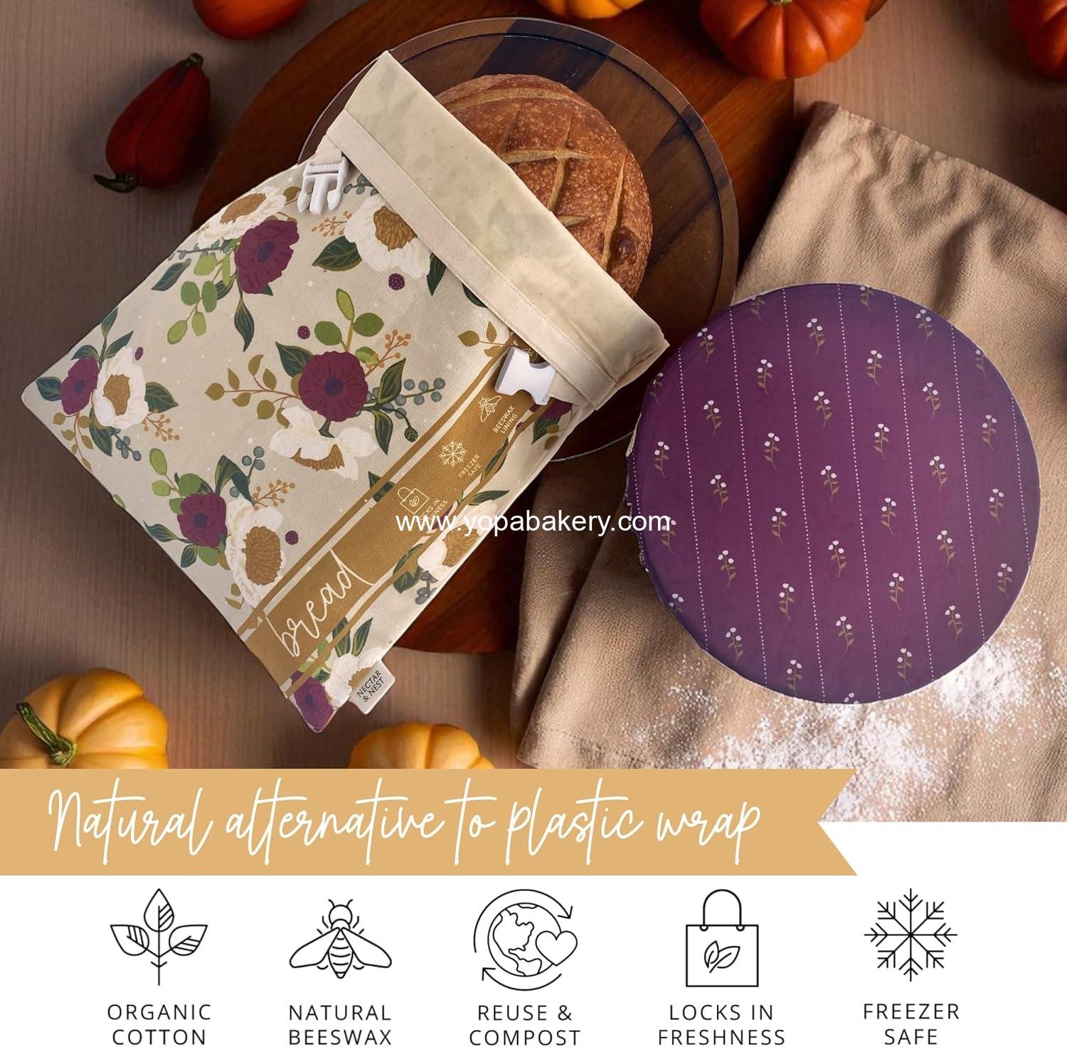 OEM Reusable Beeswax Bread Baker Set, Organic Cotton Sourdough Bag and Bowl Cover, Limited-Edition December Blooms Art by Mackenzie Nelson, Wholesale Factory