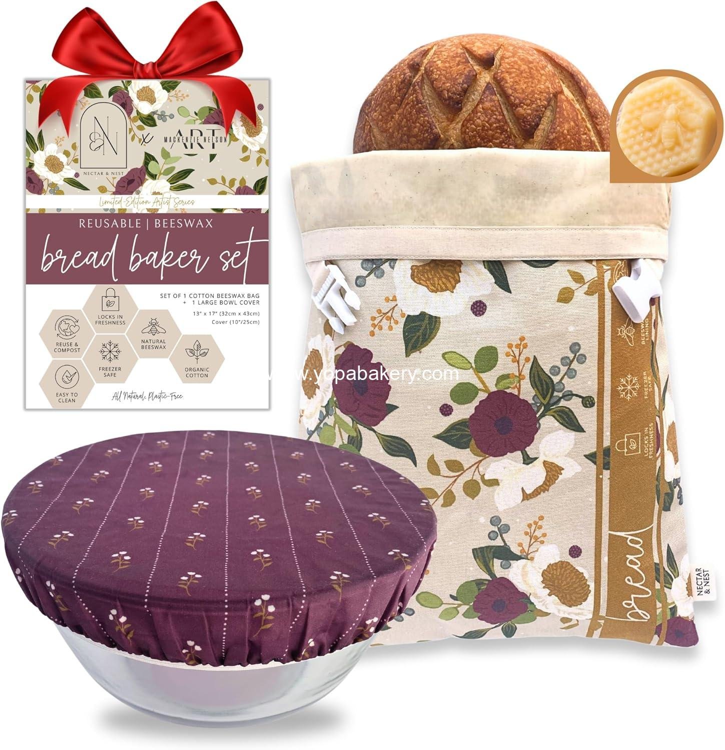 OEM Reusable Beeswax Bread Baker Set, Organic Cotton Sourdough Bag and Bowl Cover, Limited-Edition December Blooms Art by Mackenzie Nelson, Wholesale Factory
