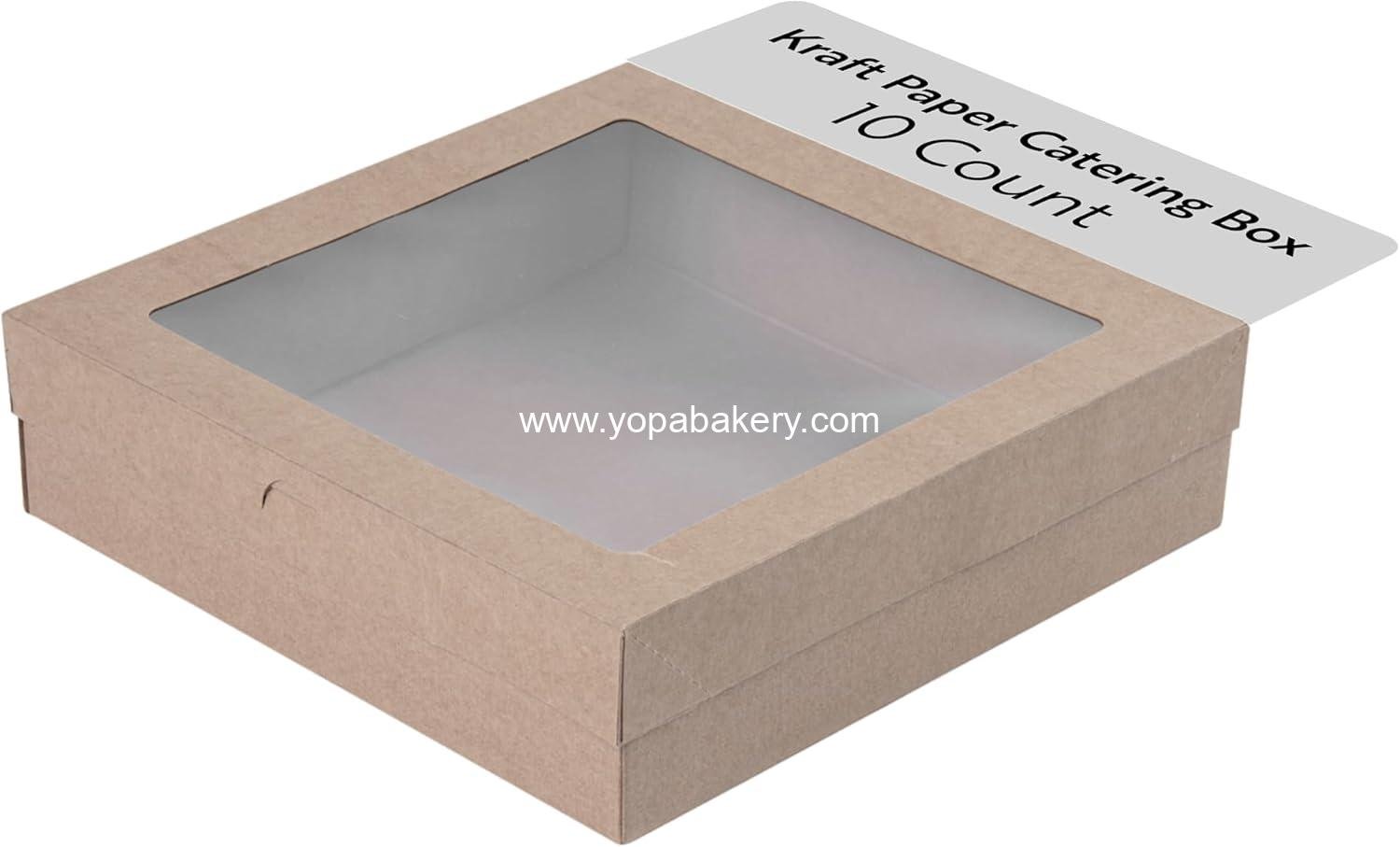Restaurantware Cater Tek 9 x 9 x 2.4 Inch Catering Boxes 10 Insert Tab Lock Baked Goods Boxes - Window Lids Easy Assembly Kraft Paper Window Pastry Boxes For Charcuterie Or Cupcakes