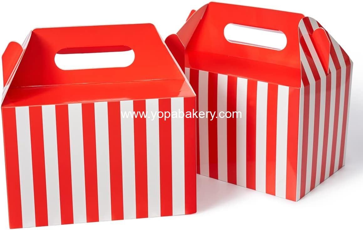 Wholesale 30 Pcs Large Treat Boxes with Handle Red and White Stripes 9x6x6 Gable Christmas Gift Boxes Party Favor Barn Style Carry Out Lunch Box Recyclable Paper Holiday Packaging Boxes Factory