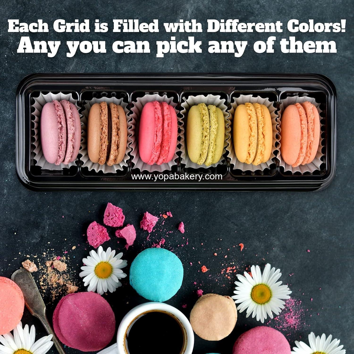 Wholesale Macaron Boxes with Clear Lids, 50-Pack Dessert Packaging Containers with 6 Grids, 7.6'' x 2.8'' x 1.9'' Plastic Trays for Chocolates, Truffles, Mini Cupcakes, Cookies, Muffins - Factory