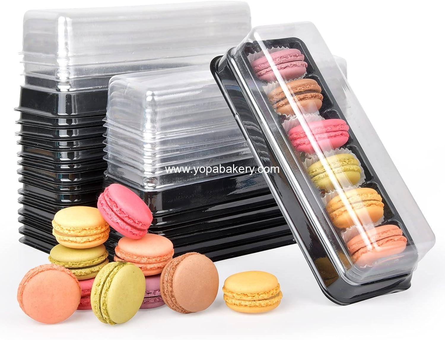 Wholesale Macaron Boxes with Clear Lids, 50-Pack Dessert Packaging Containers with 6 Grids, 7.6'' x 2.8'' x 1.9'' Plastic Trays for Chocolates, Truffles, Mini Cupcakes, Cookies, Muffins - Factory