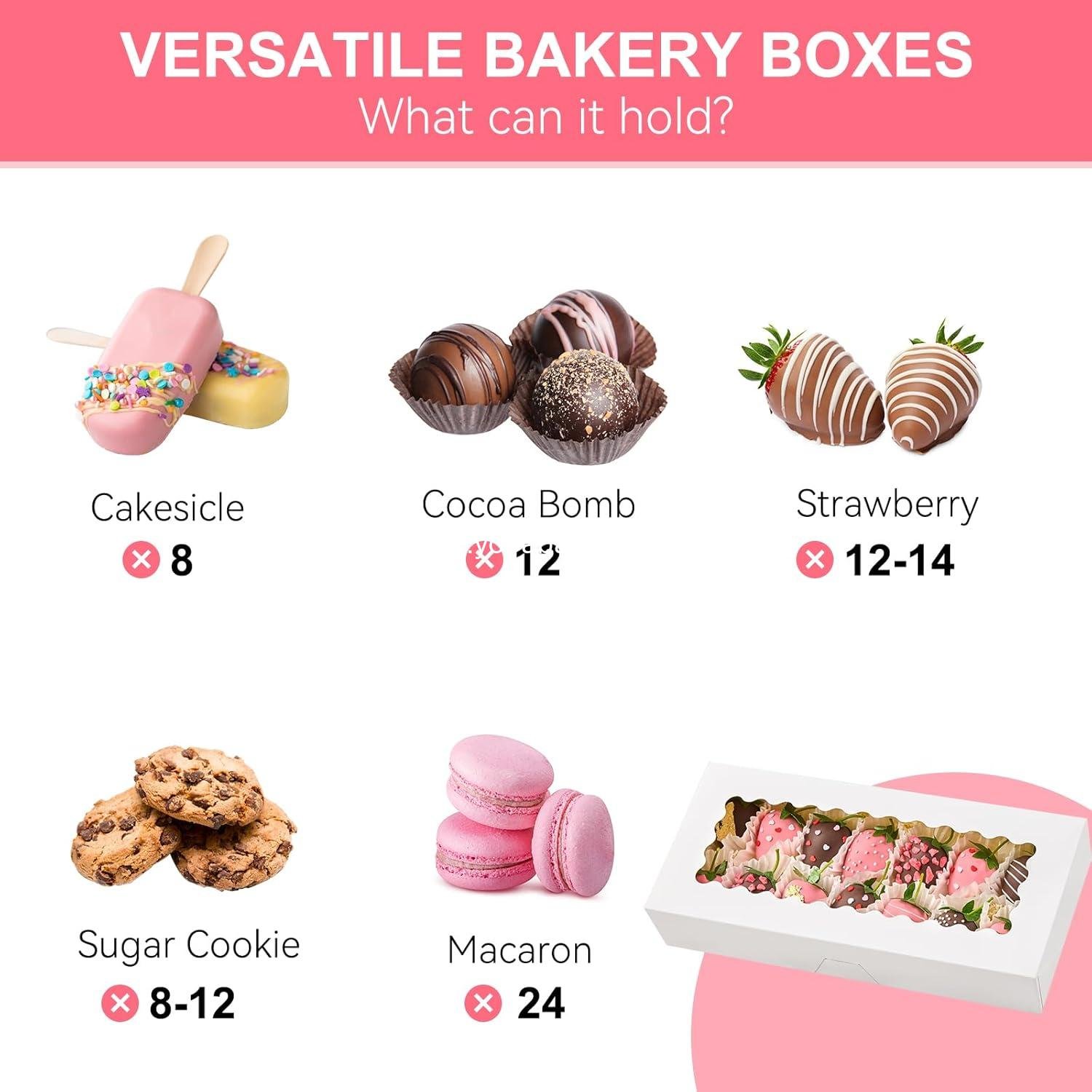 Wholesale 20 PCS Cookie Boxes with Window, 12.5 x 5.5 x 2.5 Inches Auto-Popup Bakery Boxes for Treats, Chocolate Covered Strawberries, Pastries, Donuts, Muffins Factory
