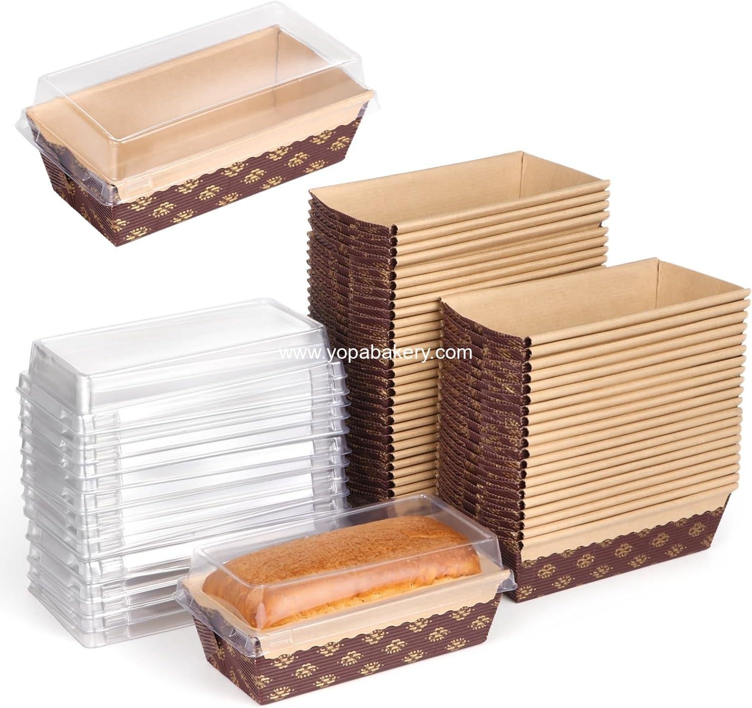 OMISTAR 50 Pcs Paper Loaf Pans, Disposable Paper Baking Pans with Plastic Lids, 5.9×2.6×2" Bakeware Bread Pans, Rectangle Papers Storage Boxes for Bake Goods, Cake Papers Molds