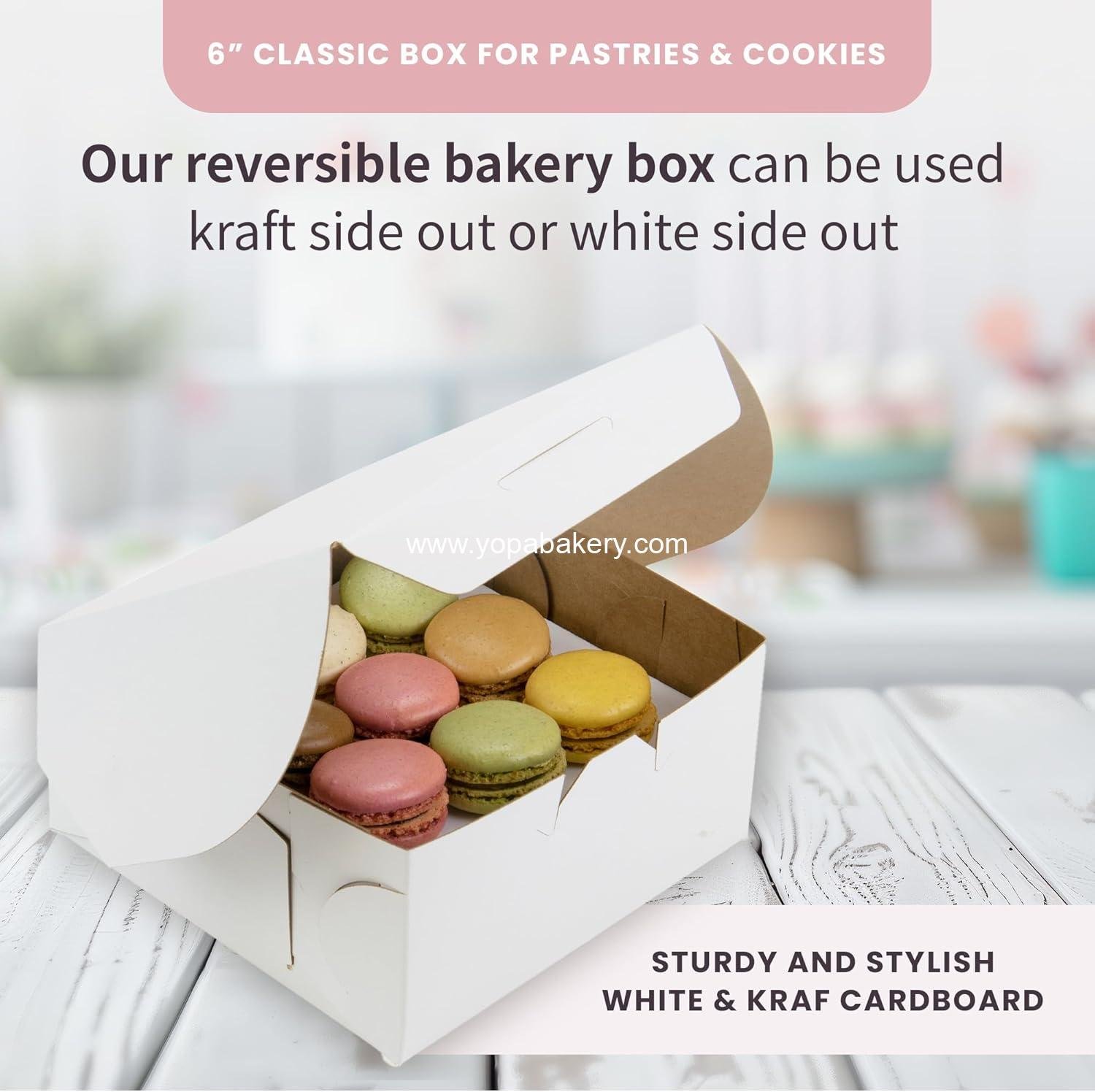 Wholesale Reversible 6” Classic Bakery Boxes for Pastries & Cookies, Secure with Side Panel Clips & Front Tuck Lock, 6 x 6 x 3 Inches (Pack of 50) - Factory