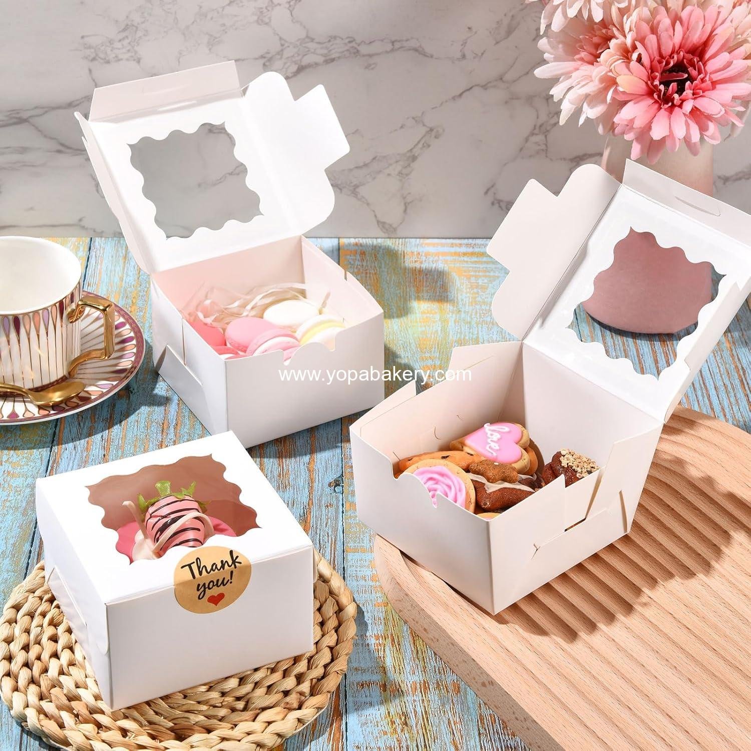 Wholesale 24 Pcs Cookie Boxes with Window 4x4x2.5 Inches White Bakery Boxes with Stickers & Parchment Paper for Treats Desserts Donuts Pastry Macaroon Gift Giving Party Wedding Favor Factory