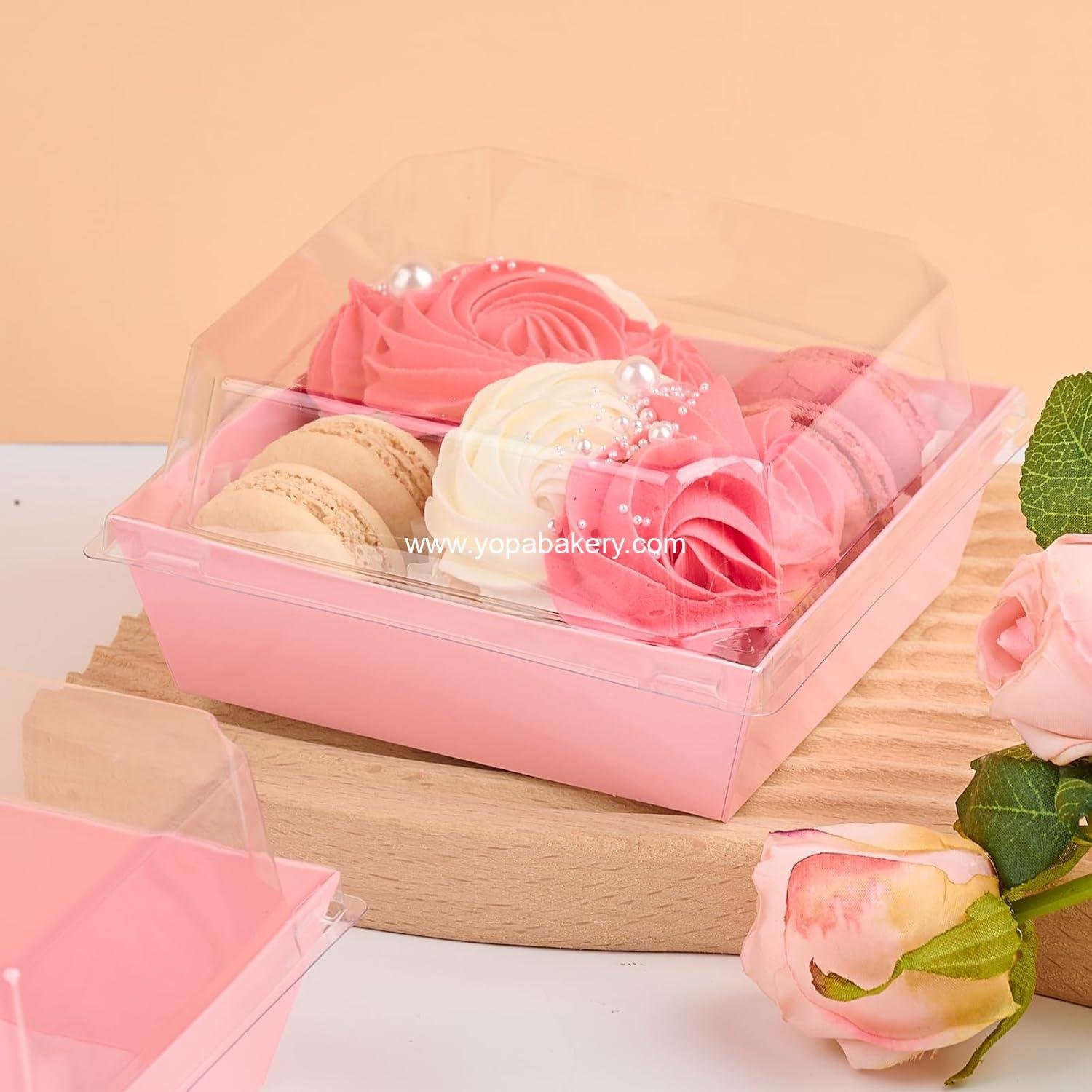 Wholesale 50 Pack 5 Inch Pink Paper Charcuterie Boxes with Clear Lids, Square To Go Cake Slice and Bakery Containers for Desserts, Cookies, Sandwiches, Strawberries Factory