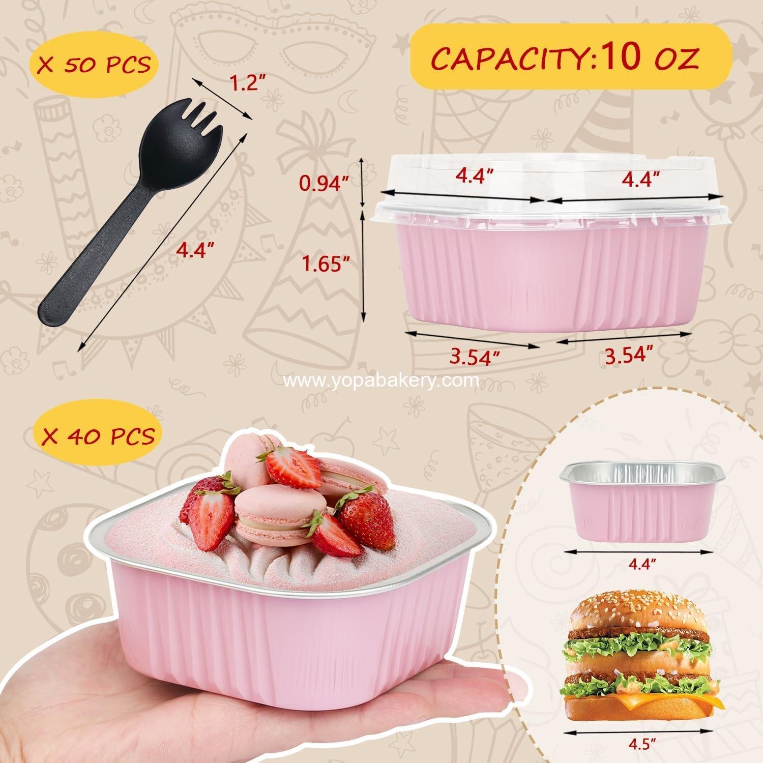 Wholesale 10oz Mini Cake Pans with Lids, 40 Pack Aluminum Foil Square Brownie Baking Cups, Disposable 4”x4” Jumbo Muffin Tin Ramekins Holders - Pink, Factory