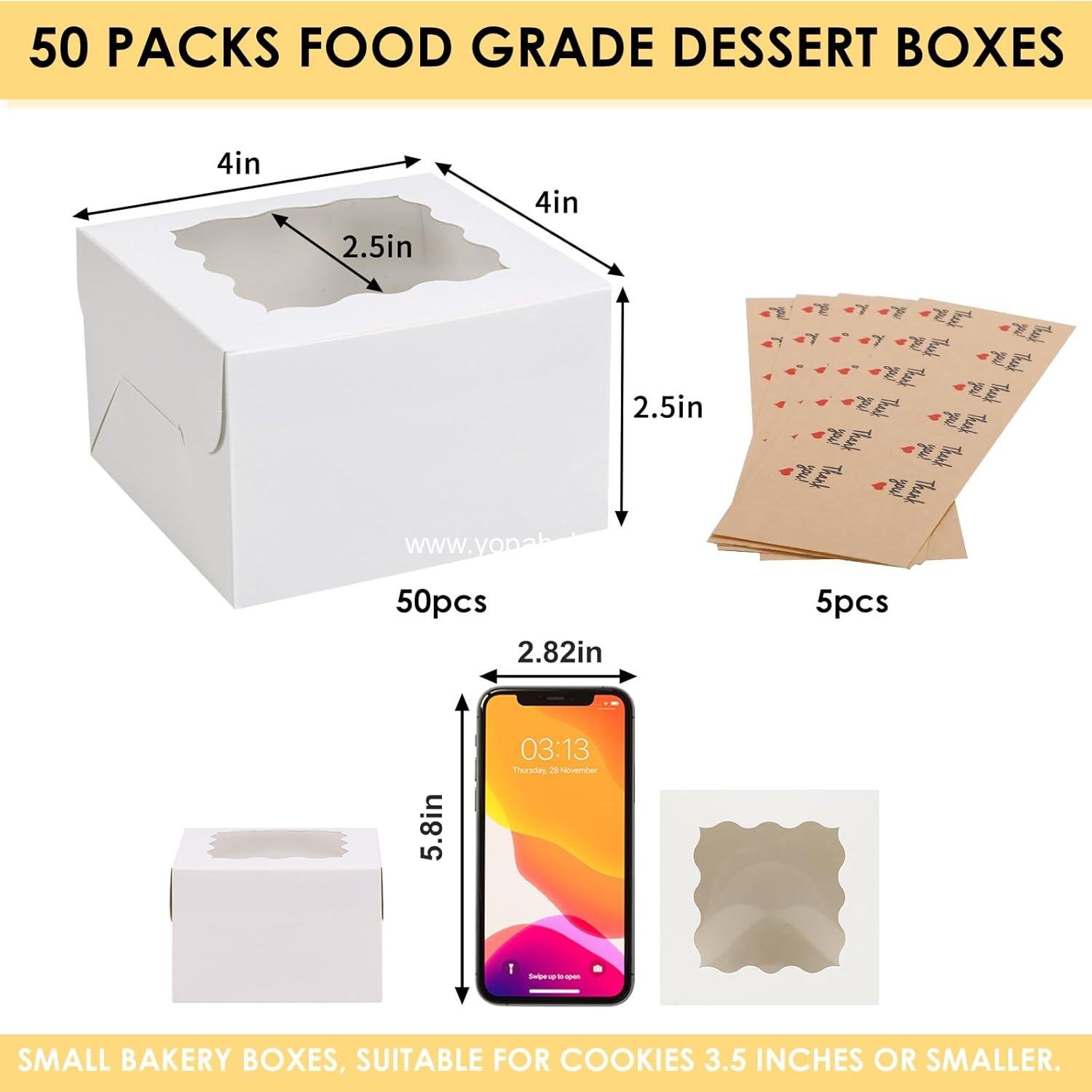Wholesale 50pcs White Cookie Boxes with Window, 4x4x2.5 Inches Bakery Boxes, Includes 5pcs Stickers for Small Cookies, Treats, Desserts, Chocolate Covered Strawberries, Mini Cake Factory