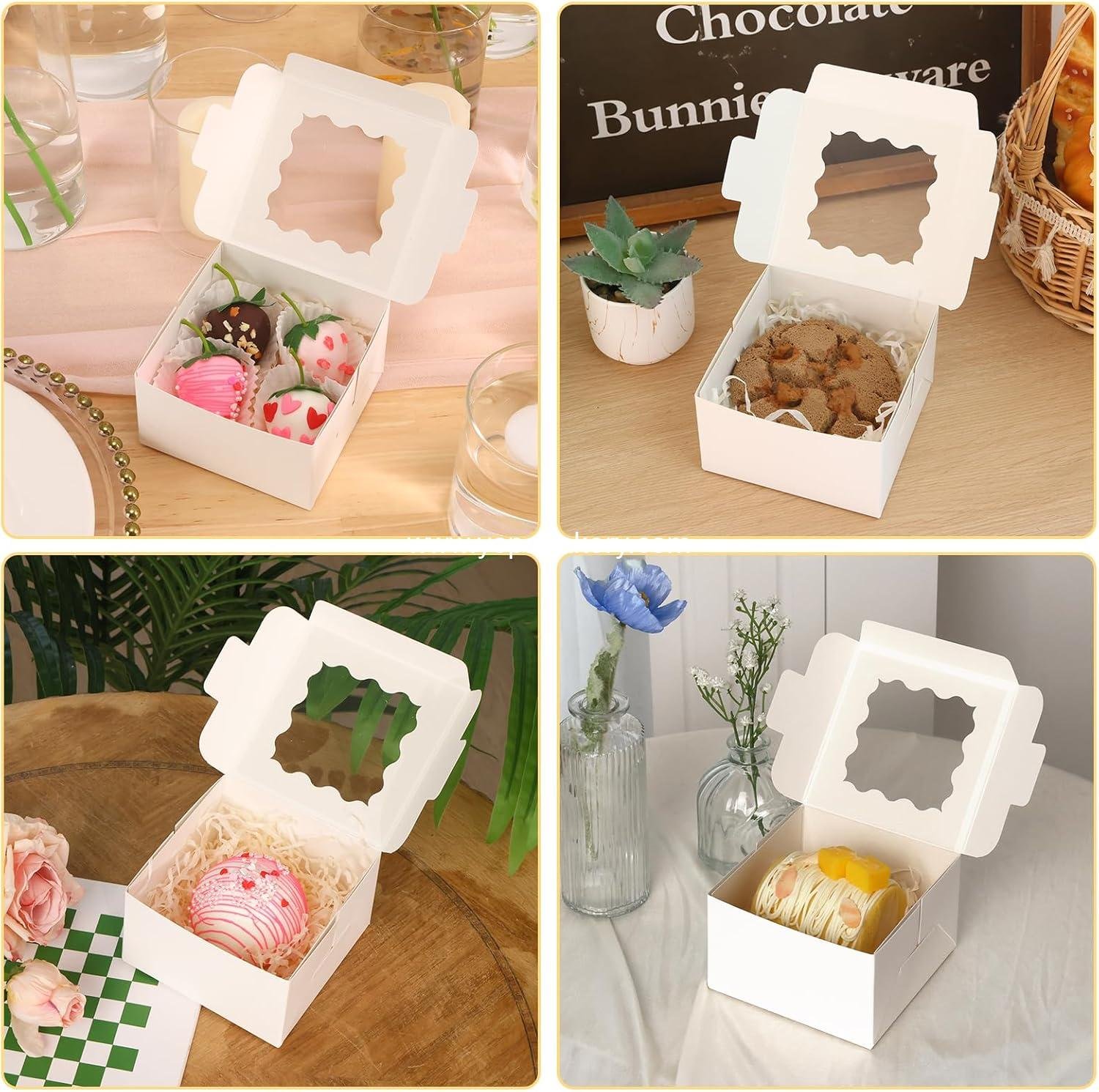 Wholesale 50pcs White Cookie Boxes with Window, 4x4x2.5 Inches Bakery Boxes, Includes 5pcs Stickers for Small Cookies, Treats, Desserts, Chocolate Covered Strawberries, Mini Cake Factory