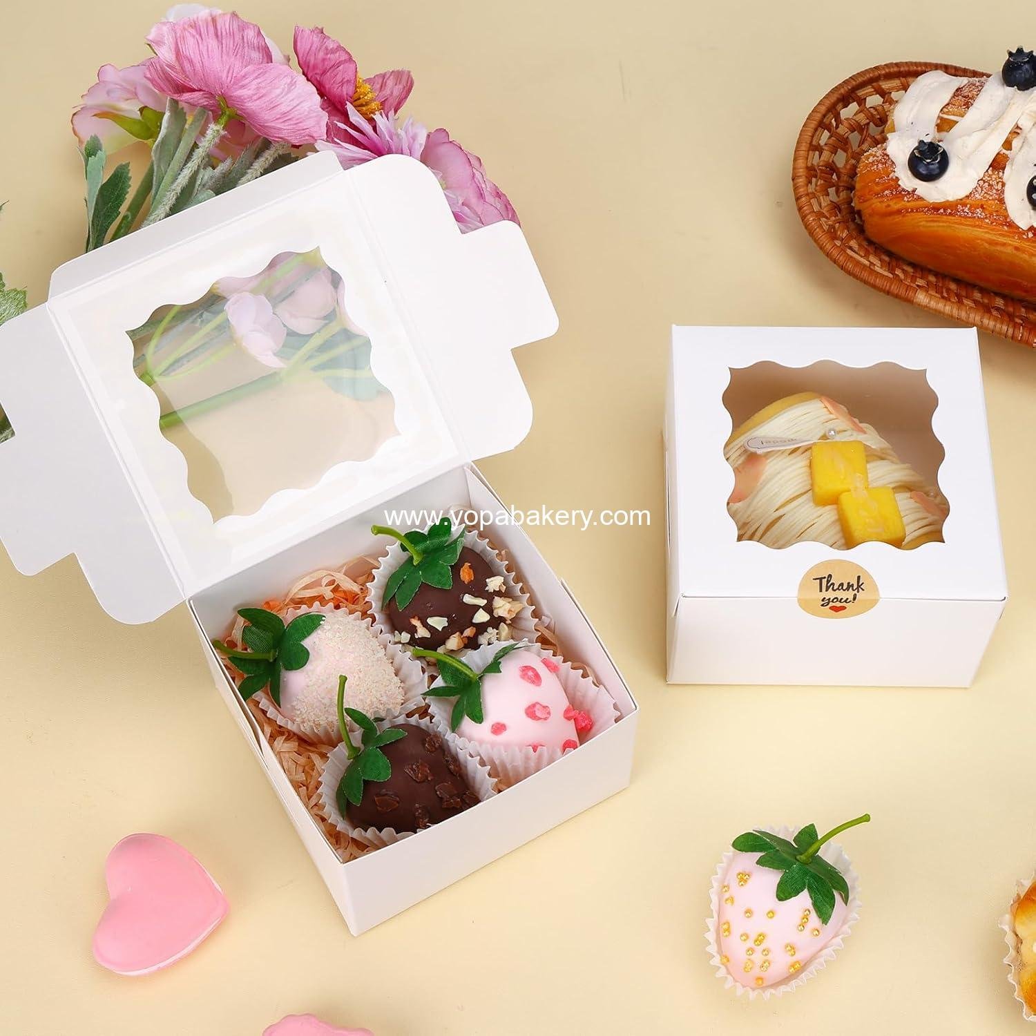 Wholesale 50pcs White Cookie Boxes with Window, 4x4x2.5 Inches Bakery Boxes, Includes 5pcs Stickers for Small Cookies, Treats, Desserts, Chocolate Covered Strawberries, Mini Cake Factory