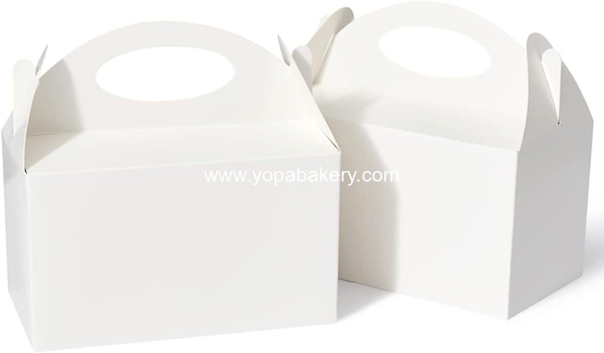 Happyhiram 50 Pcs Party Treat Boxes - White, 6 Inch Candy Boxes with Handle - Paper Cookie Gift & Snack Goodie Bags for Kids Birthday, Baby Shower, Wedding