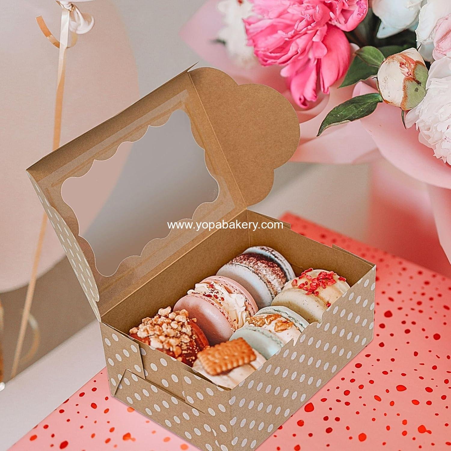 Wholesale Polka Dot Cookie Boxes - 12 Pack - Large Brown with White Polka Dots Bakery Gift Boxes with Window - Perfect for Pastries, Cupcakes, Strawberries, Macarons & Treats - Fits a Dozen Cookies - Factory