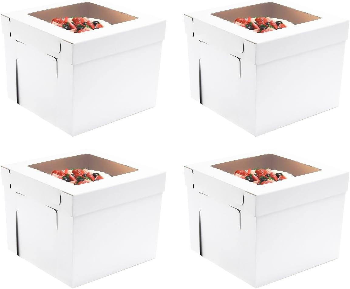 JJO Tall Cake Boxes for Tier Cakes, 14x14x12 Inches 4 Pack,White Bakery Boxes with Window,Disposable Cake Containers, Sturdy Wedding Tall Cake Carrier, Layer Cake Carrier