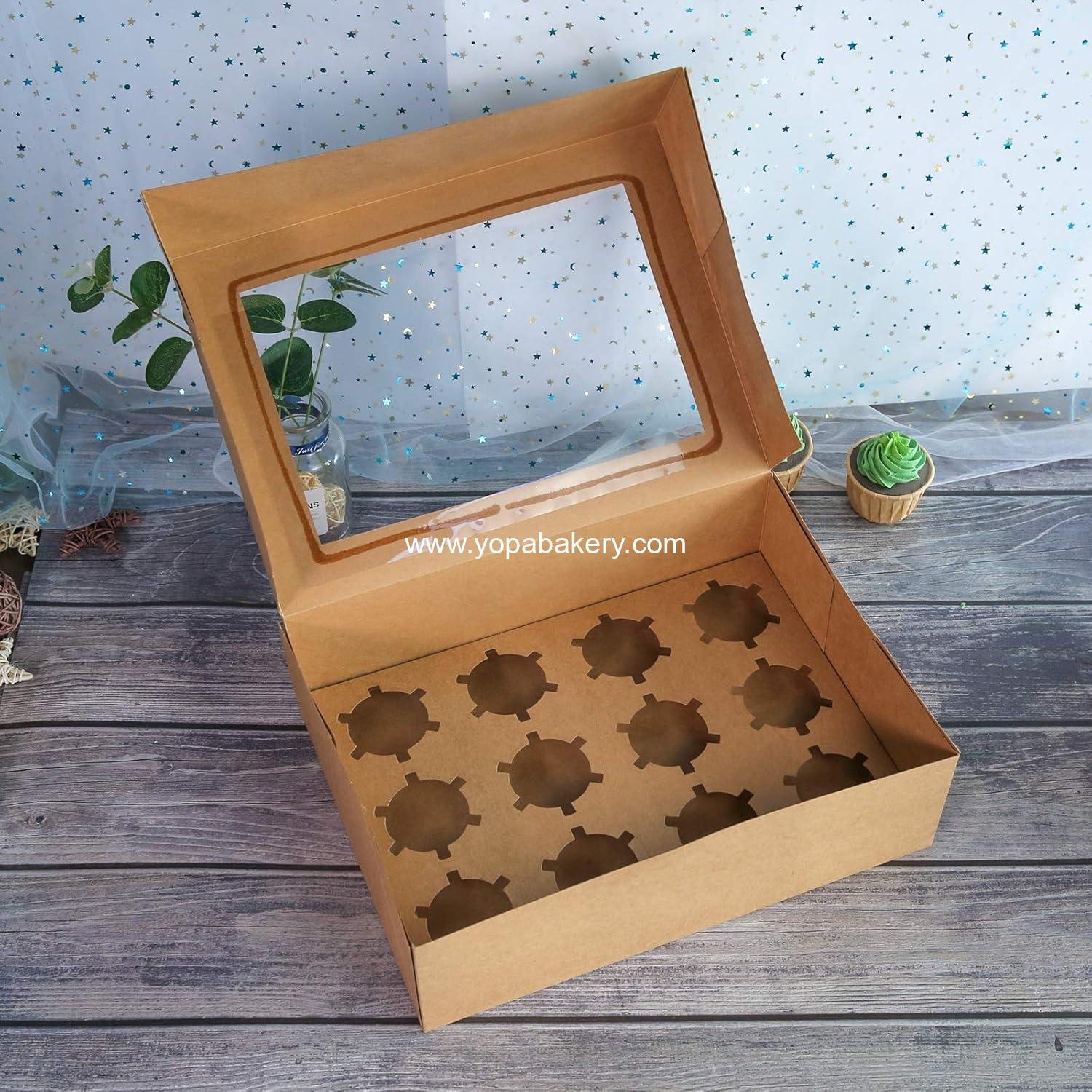Wholesale Brown Cupcake Boxes - 20 Packs of 12-Hole Cake Carriers, Food Grade Kraft Pop-up Bakery Boxes 13.8 x 9.5 x 4 inches with Inserts and PVC Windows for 12 Cupcakes or Muffins, Factory