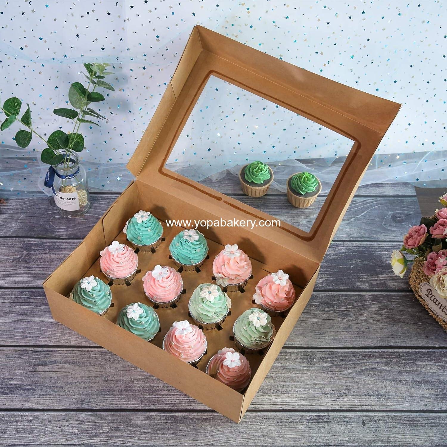 Wholesale Brown Cupcake Boxes - 20 Packs of 12-Hole Cake Carriers, Food Grade Kraft Pop-up Bakery Boxes 13.8 x 9.5 x 4 inches with Inserts and PVC Windows for 12 Cupcakes or Muffins, Factory
