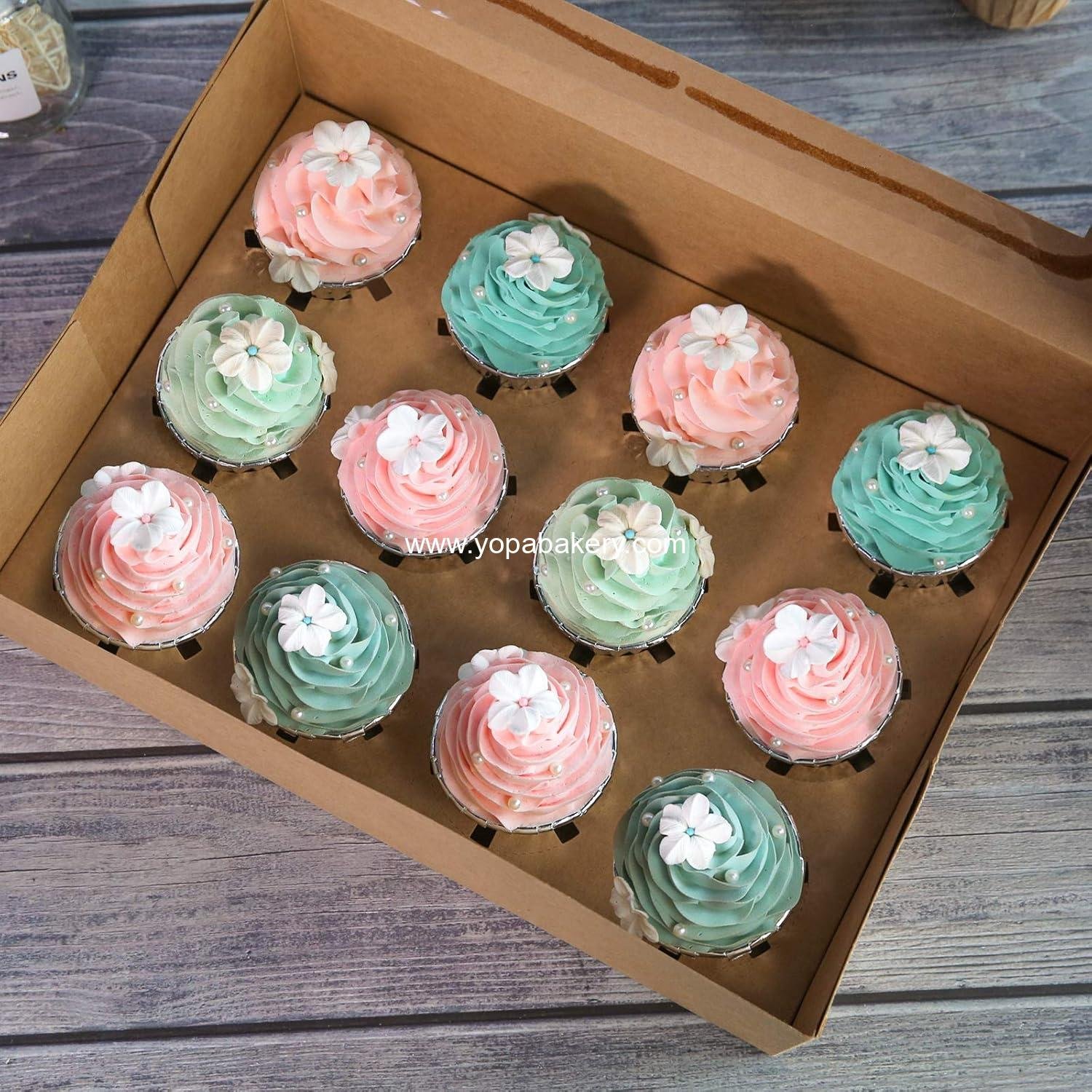 Wholesale Brown Cupcake Boxes - 20 Packs of 12-Hole Cake Carriers, Food Grade Kraft Pop-up Bakery Boxes 13.8 x 9.5 x 4 inches with Inserts and PVC Windows for 12 Cupcakes or Muffins, Factory