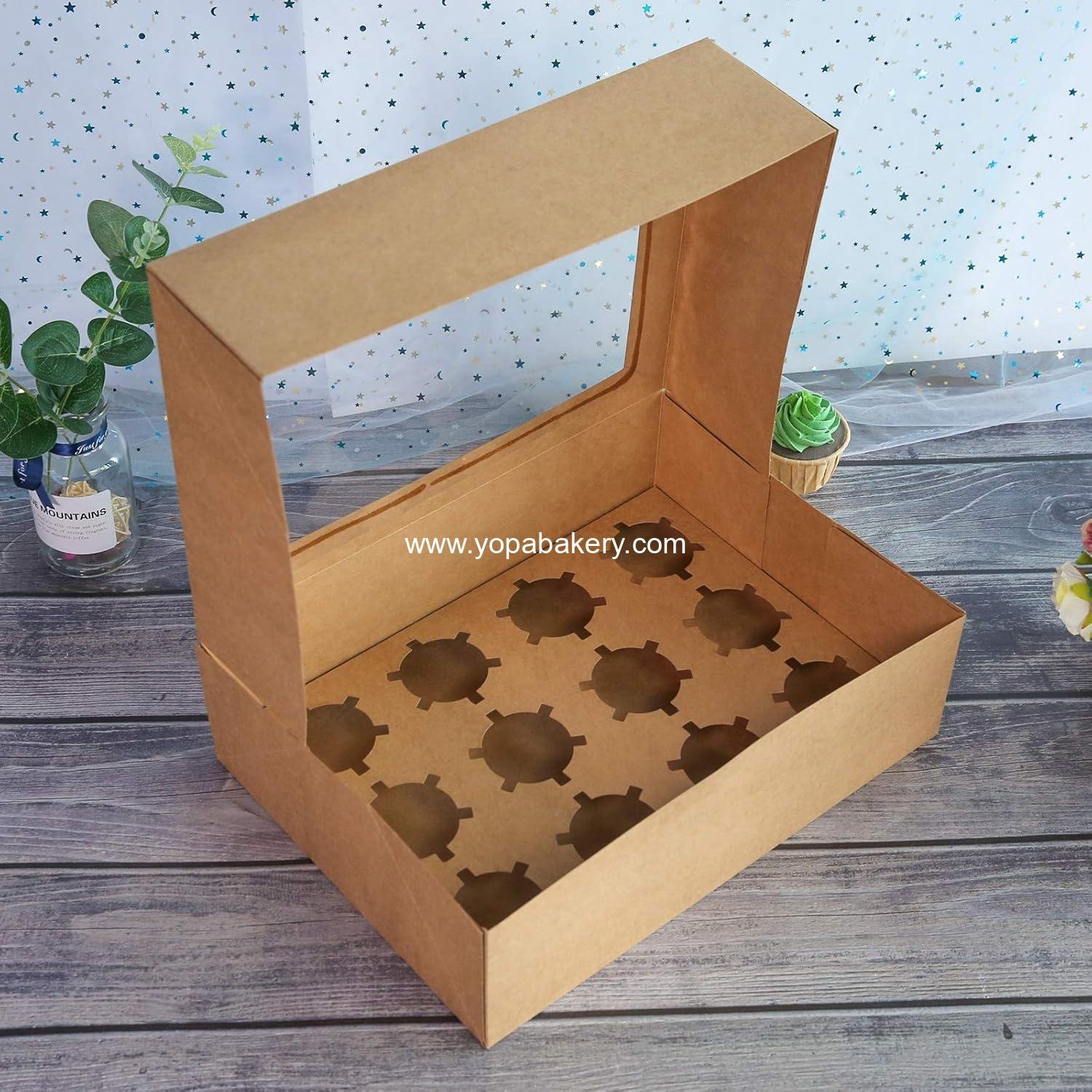 Wholesale Brown Cupcake Boxes - 20 Packs of 12-Hole Cake Carriers, Food Grade Kraft Pop-up Bakery Boxes 13.8 x 9.5 x 4 inches with Inserts and PVC Windows for 12 Cupcakes or Muffins, Factory