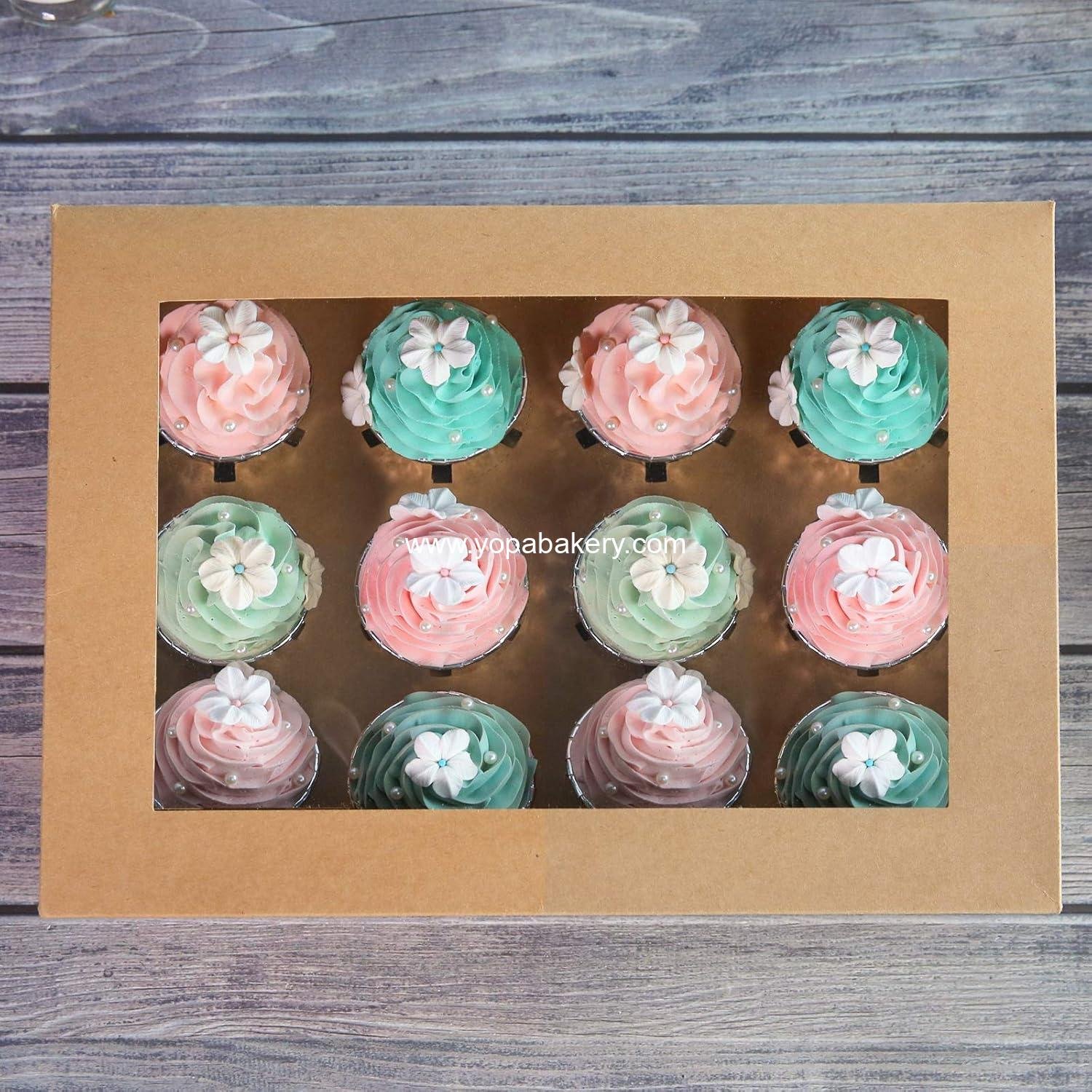 Wholesale Brown Cupcake Boxes - 20 Packs of 12-Hole Cake Carriers, Food Grade Kraft Pop-up Bakery Boxes 13.8 x 9.5 x 4 inches with Inserts and PVC Windows for 12 Cupcakes or Muffins, Factory