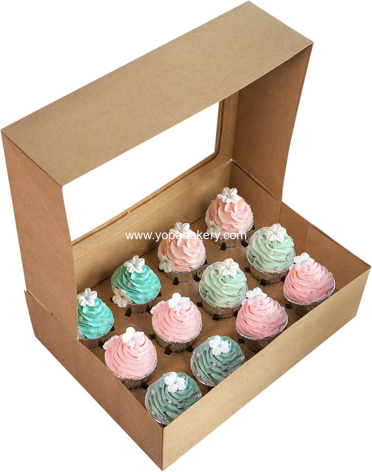 Wholesale Brown Cupcake Boxes - 20 Packs of 12-Hole Cake Carriers, Food Grade Kraft Pop-up Bakery Boxes 13.8 x 9.5 x 4 inches with Inserts and PVC Windows for 12 Cupcakes or Muffins, Factory