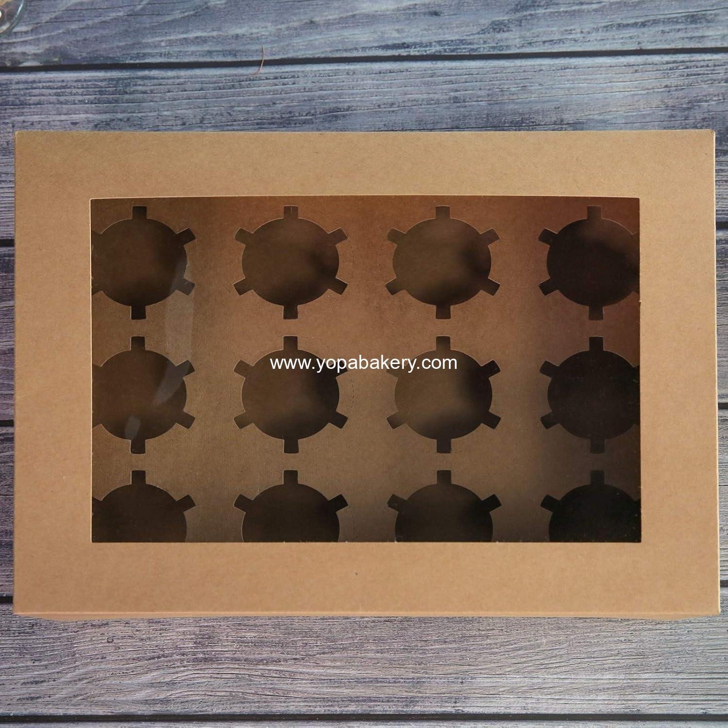 Wholesale Brown Cupcake Boxes - 20 Packs of 12-Hole Cake Carriers, Food Grade Kraft Pop-up Bakery Boxes 13.8 x 9.5 x 4 inches with Inserts and PVC Windows for 12 Cupcakes or Muffins, Factory