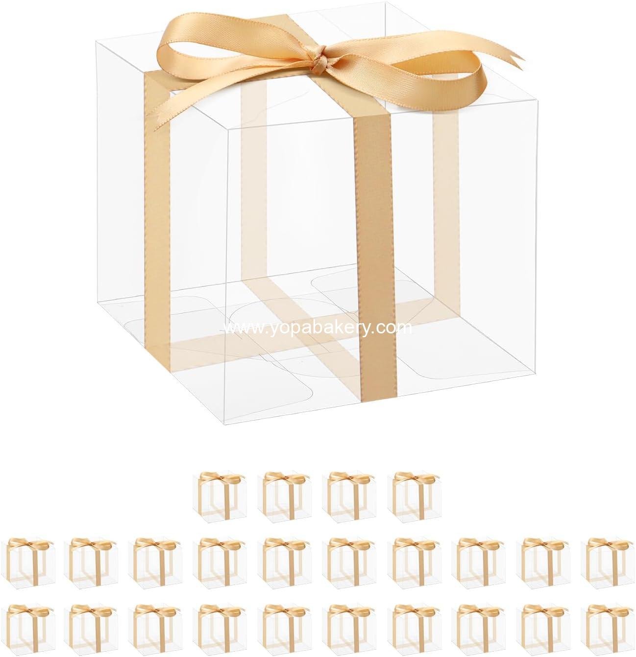 HAPPY POTATO 25 Pack PET Christmas Clear Favor Boxes with Ribbon, 3"x3"x3" clear Gift Boxes for Chocolate Candies Cookies Muffins Party Favors Packaging, Clear Boxes for Favors