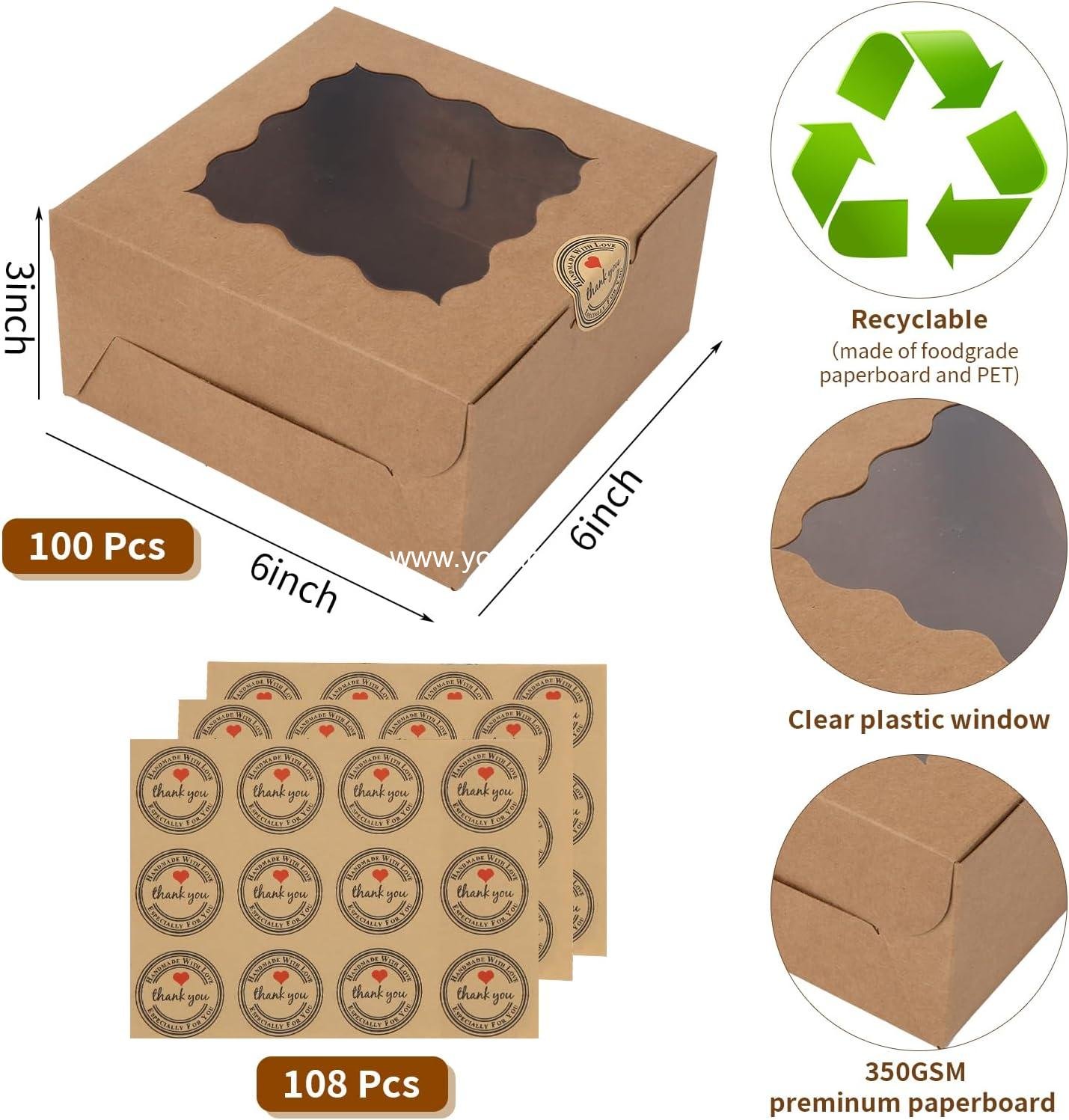 Wholesale 100 pcs 6x6x3 Inches Small Cake Box with Window, Mini Dessert and Pastry Containers for Cookies, Pies, Strawberries, Chocolates, Cupcakes with Paper Stickers (Brown) - Factory Wholesale 100 pcs 6x6x3 Inches Small Cake Box with Window, Mini Dessert and Pastry Containers for Cookies, Pies, Strawberries, Chocolates, Cupcakes with Paper Stickers (Brown) - Factory