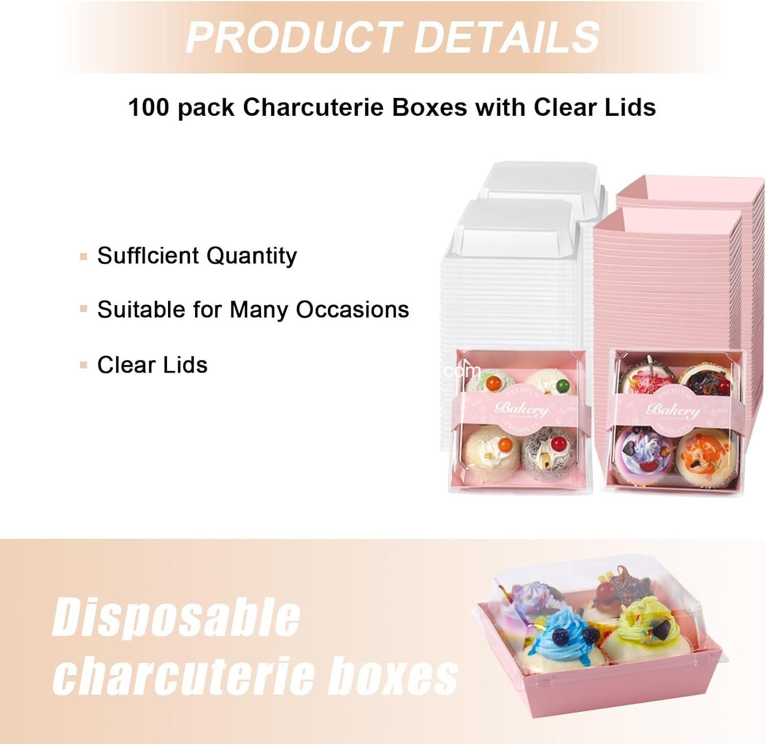 Wholesale 100 Pack Charcuterie Boxes with Clear Secure Lids and 100 Stickers, 5.3x4.9x2.5 Inches, Valentine's Day Pink Square Disposable Food Containers for Cookies, Sandwiches, Pastries, and Desserts - Factory