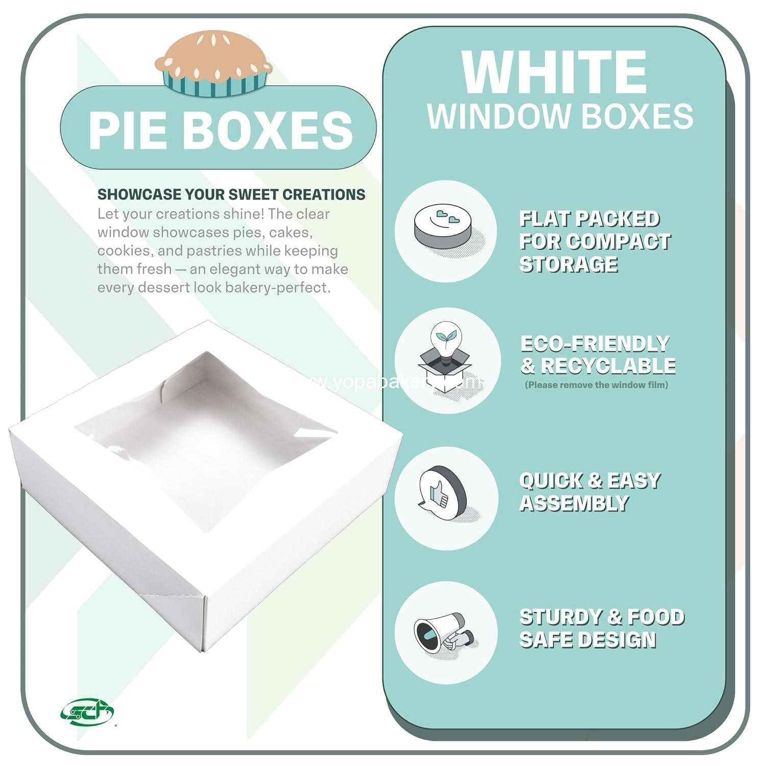 Wholesale White Bakery Boxes with Attached Flip Top, 10 x 10 x 2.5, 4-Corner Beers Design, Paper, 200/Carton, Factory