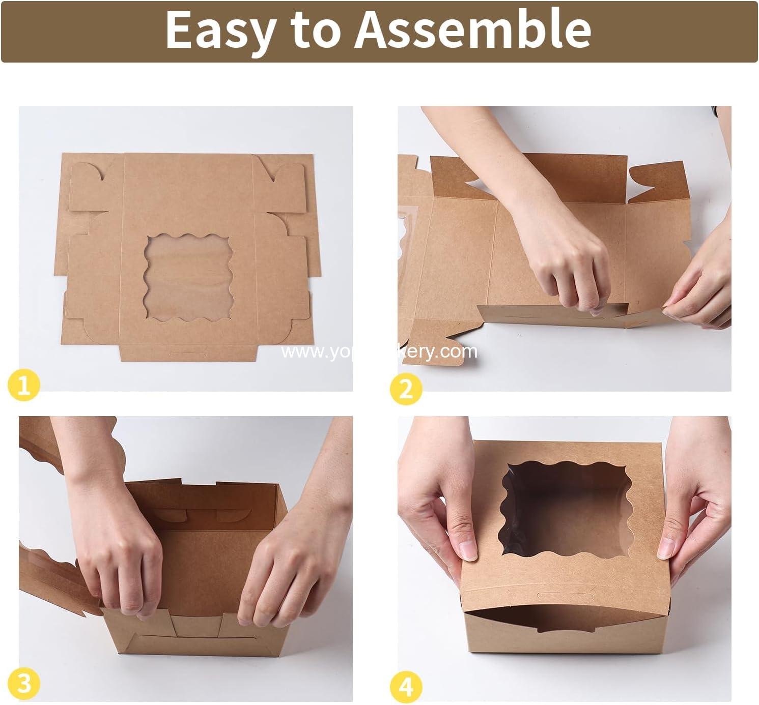 Wholesale Small Cake Boxes 36 Pcs 6x6x3 Inches with Window for Pastries, Cookies, Mini Pies, Desserts, Strawberries, Chocolates, and Cupcakes - Brown Paper Stickers - Factory