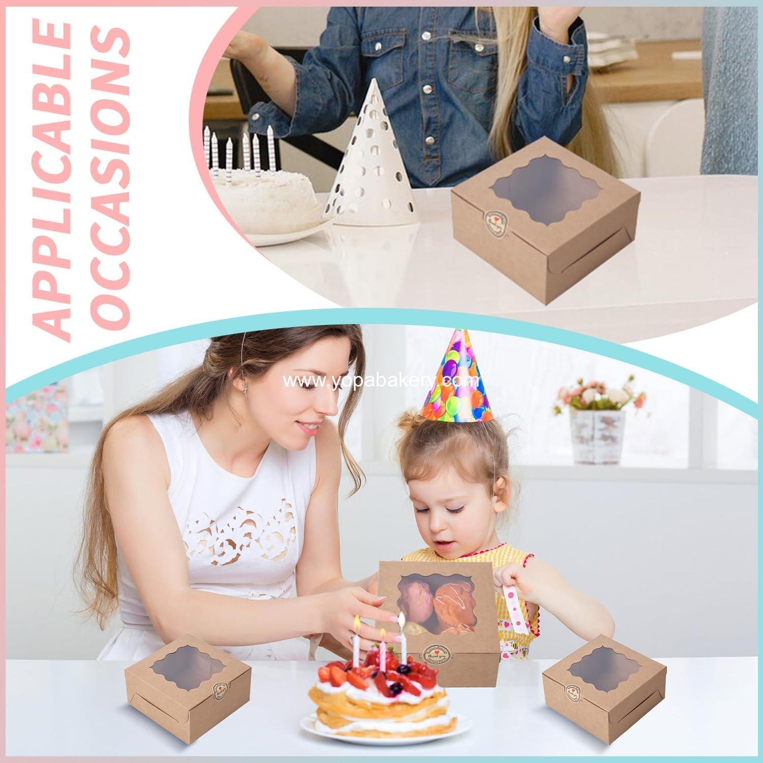 Wholesale Small Cake Boxes 36 Pcs 6x6x3 Inches with Window for Pastries, Cookies, Mini Pies, Desserts, Strawberries, Chocolates, and Cupcakes - Brown Paper Stickers - Factory