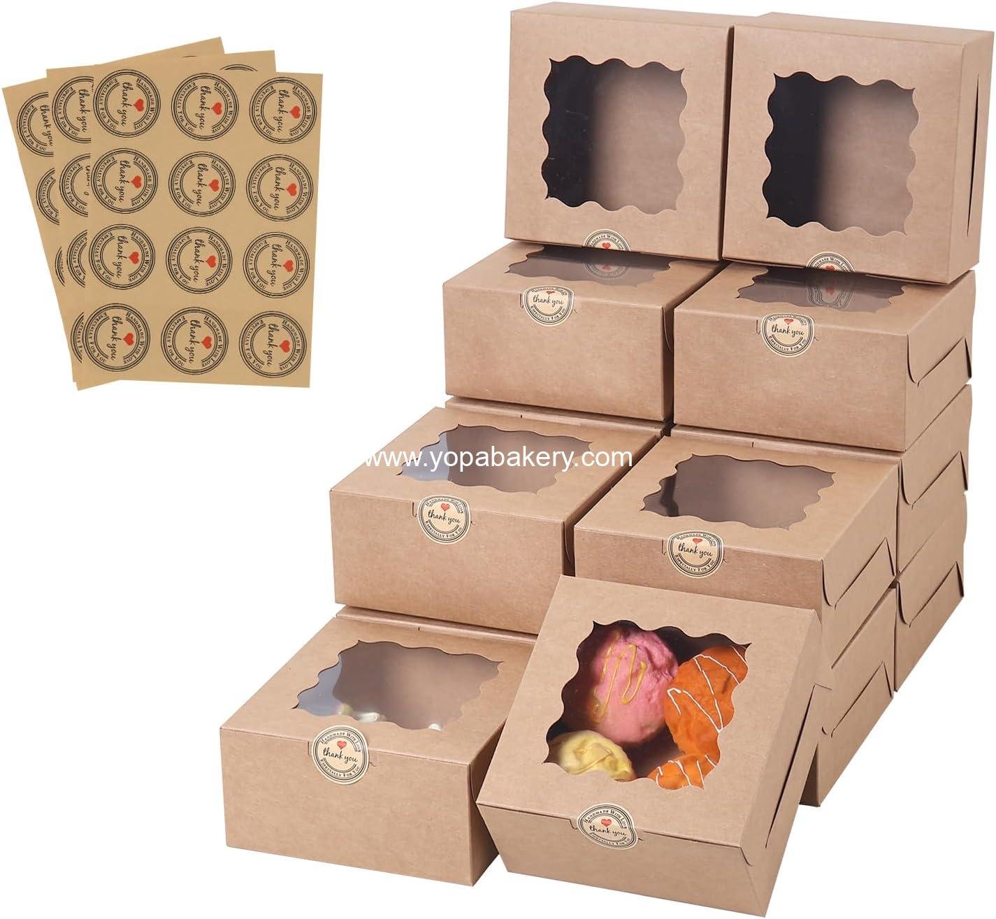 Wholesale Small Cake Boxes 36 Pcs 6x6x3 Inches with Window for Pastries, Cookies, Mini Pies, Desserts, Strawberries, Chocolates, and Cupcakes - Brown Paper Stickers - Factory