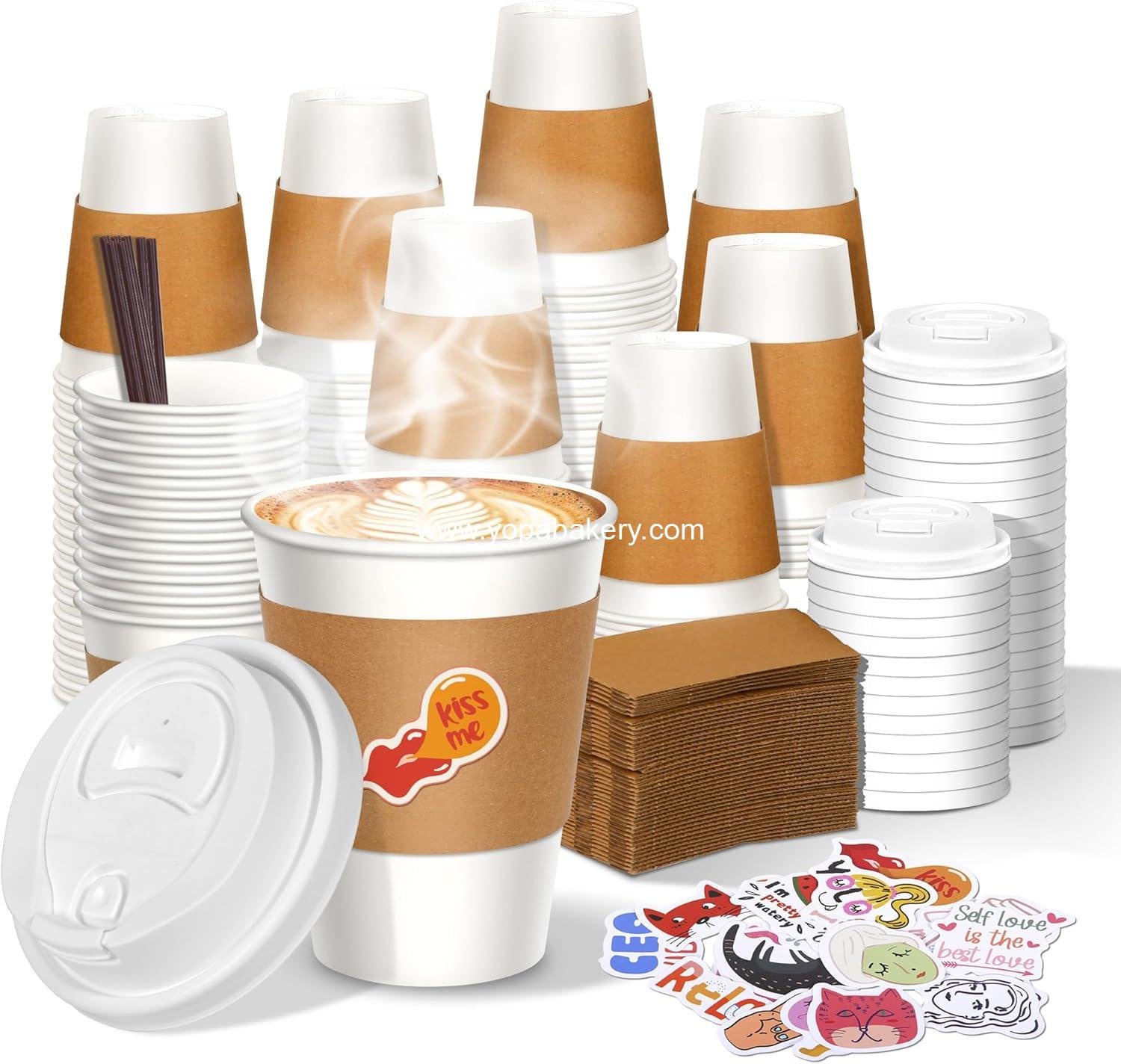 12 oz Disposable Coffee Cups with Lids, Sleeves and Stirrers 100 Pack, Hot Cups with Lids, Heat Resistant Paper Cups, Leak-Proof To Go Cups for Coffee Shop, Cafe, Office and Party Supplies