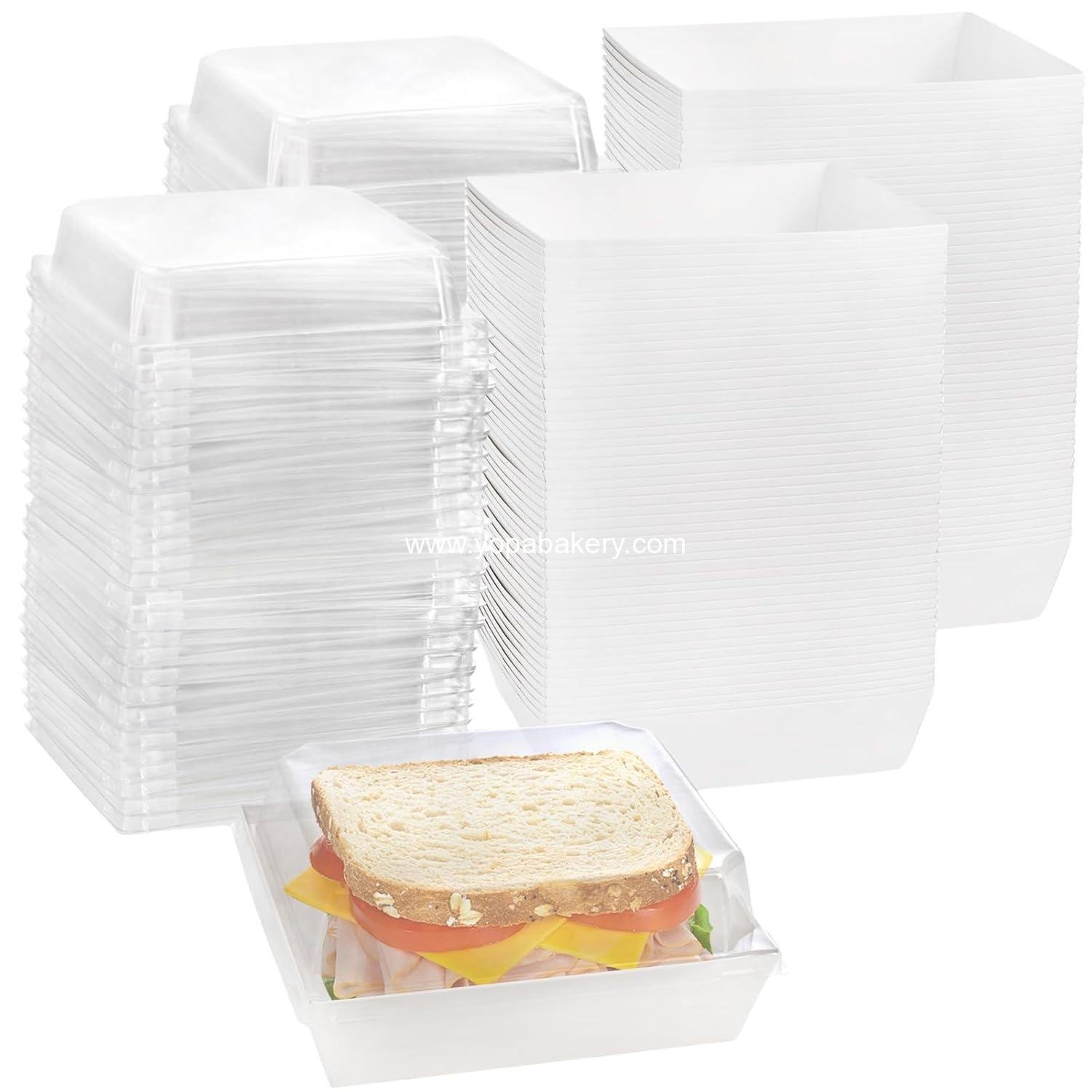 Hiceeden Set of 100 Sandwich Boxes with Clear Lids, White Paper Charcuterie Boxes, 5" Square Dessert Cake Boxes Food Grade for Swiss Roll, Hamburger, Pasta, Salad, Cookie