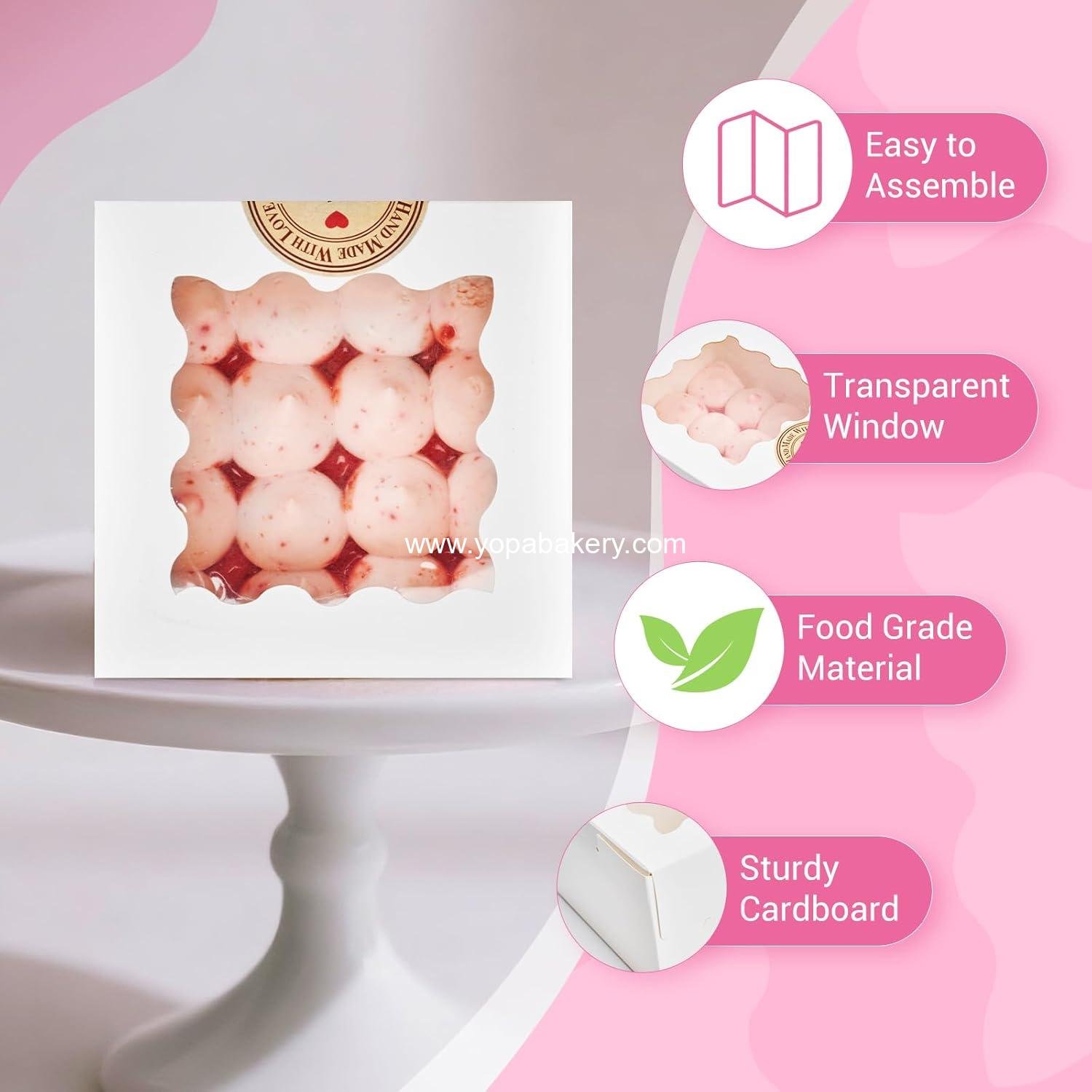 Wholesale 30pcs White Cookie Boxes with Window, 4x4x2.5 Inches Small Bakery Boxes with Stickers for Mini Cakes, Macarons, Cupcakes, Treats, Desserts, Candy, Donuts, Cookies, Strawberries, Chocolate Factory