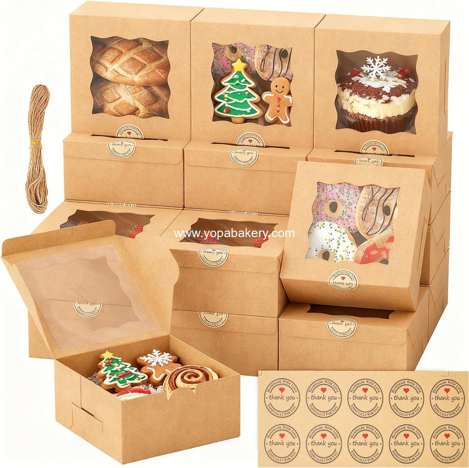 50 Pack Cookie Boxes with Window, 6x6x3 Inches Bakery Boxes, Pastry Boxes for Cookies, Pastries, Desserts, Cakes, Donuts, Macarons, with 50 Stickers and 5 Bundles of Twine