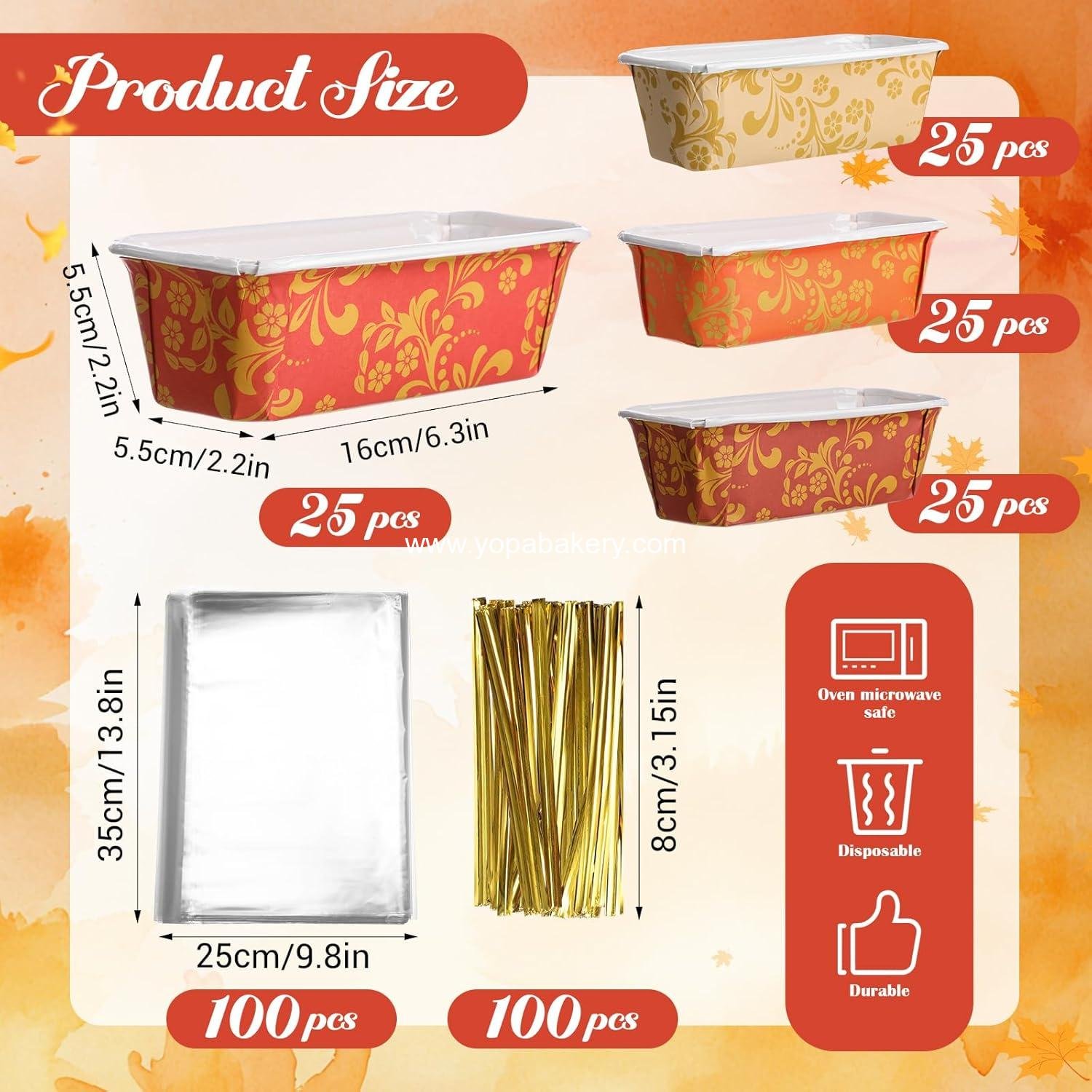 Wholesale 100 Sets Paper Loaf Pans for Baking 6.3 x 2.2 x 2.2 Inch Mini Disposable Cake Liners with Clear Plastic Bags and Ties for Fall and Christmas Rectangle Bread Mold for Bakery Factory